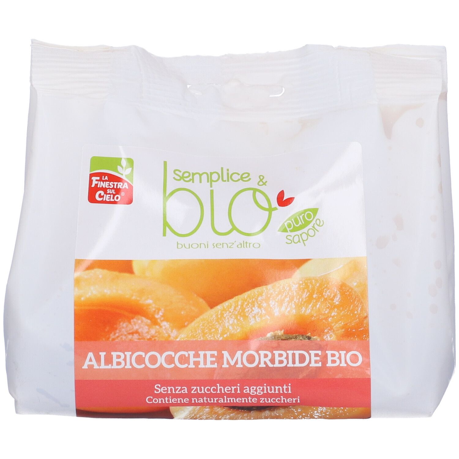 Confezione con etichetta. Scritta: Semplice & bio, Albicocche Morbide Bio. Immagine di albicocche.