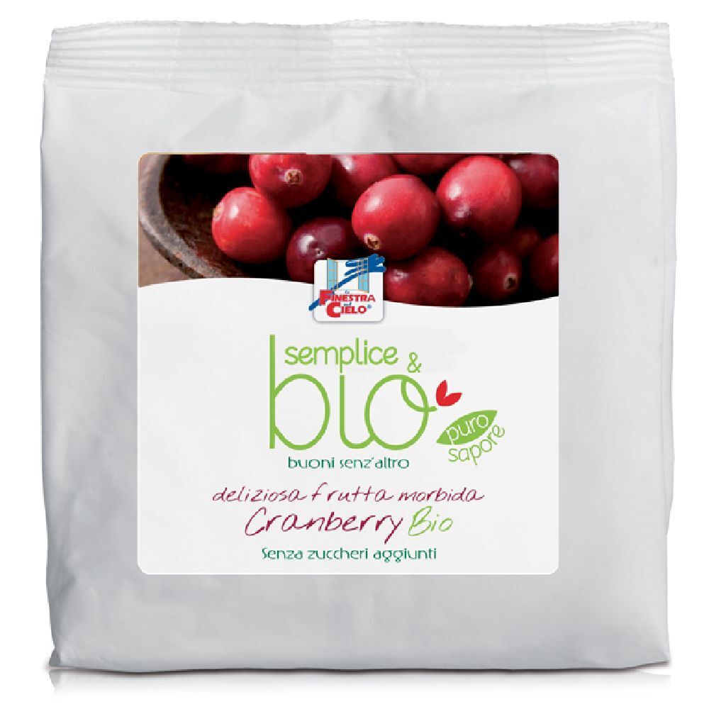 Confezione bianca con etichetta. Etichetta con immagine di cranberry, testo: Semplice & Bio, Cranberry Bio, senza zuccheri aggiunti.