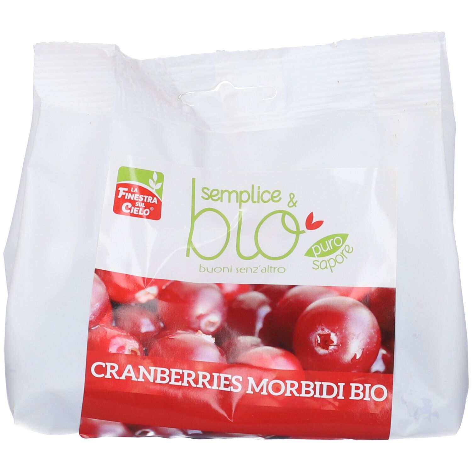 Piccola confezione bianca con fascia rossa. Testo: Cranberries Morbidi Bio, logo La Finestra sul Cielo, Semplice & Bio.