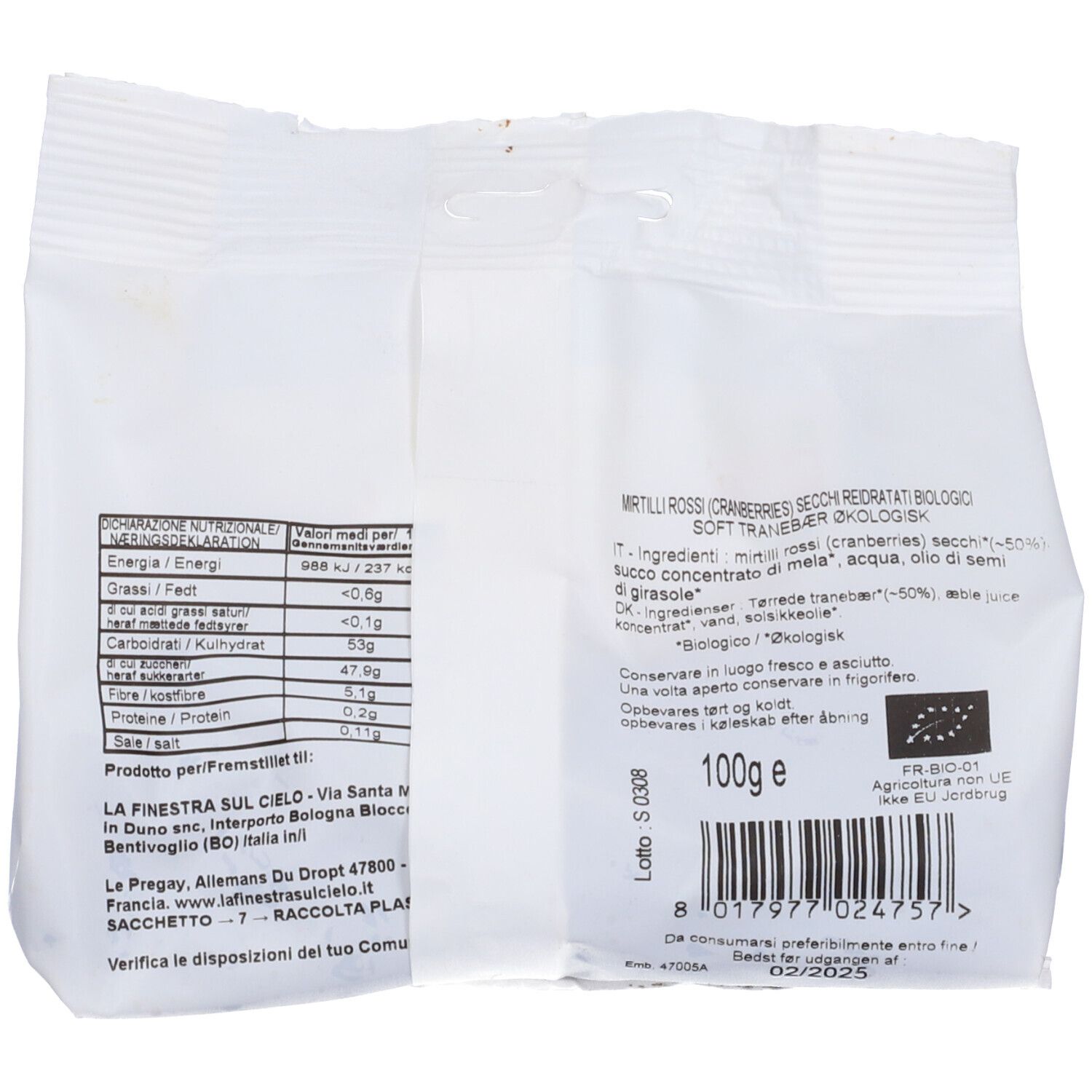 Retro della confezione. Testo: informazioni nutrizionali, ingredienti, certificazione biologica, 100g, codice a barre, scadenza.
