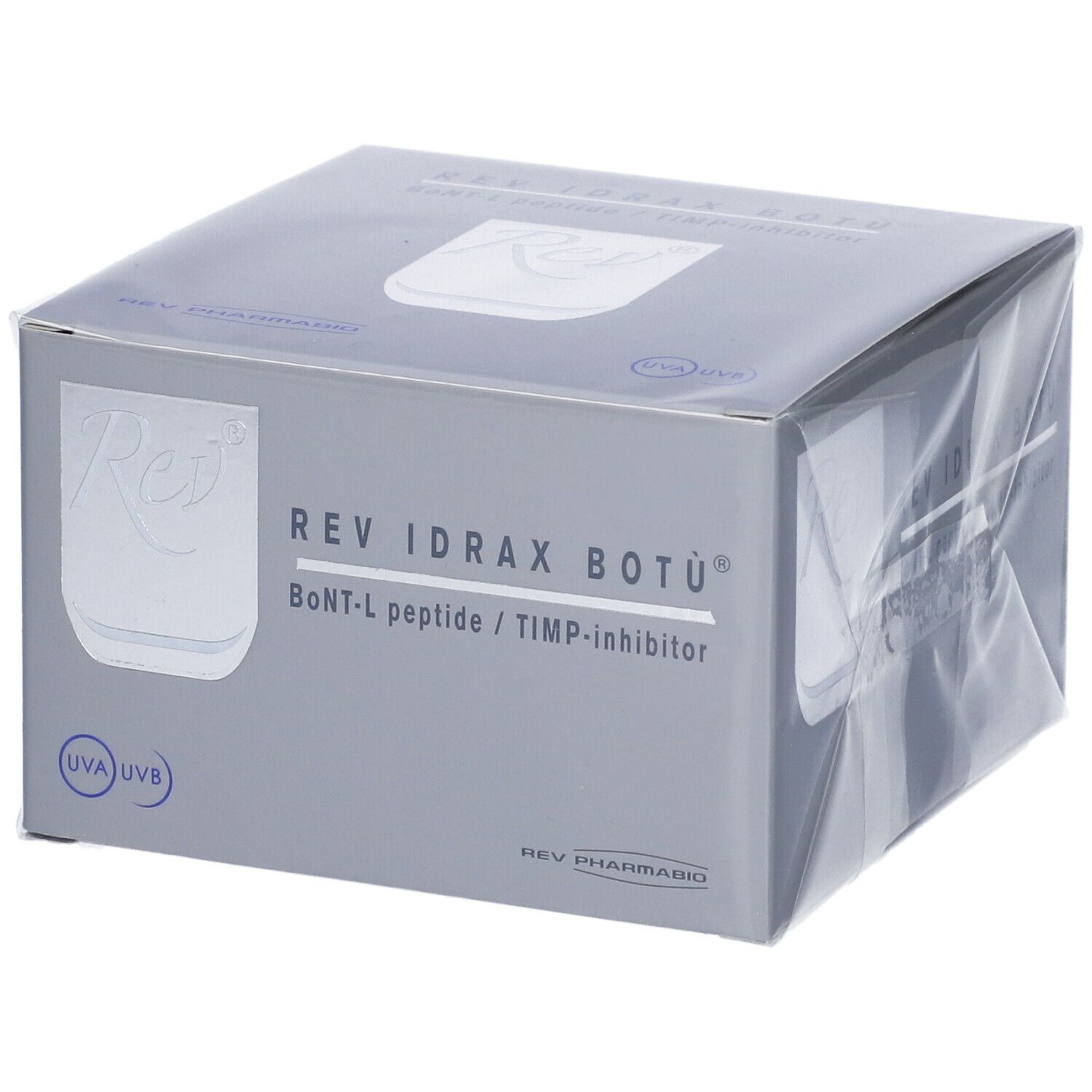 Graue Verpackung mit Produktnamen REV IDRAX BOTÙ. Text: BoNT-L peptide / TIMP-inhibitor. Logo Rev.