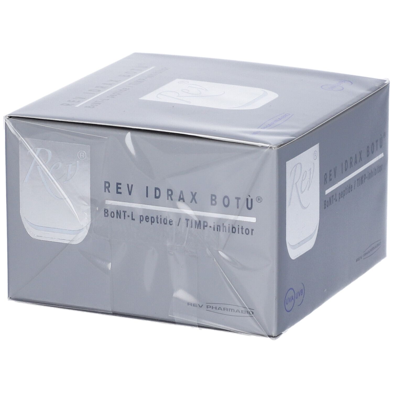 Graue Verpackung mit Produktnamen REV IDRAX BOTÙ. Text: BoNT-L peptide / TIMP-inhibitor. Logo Rev.