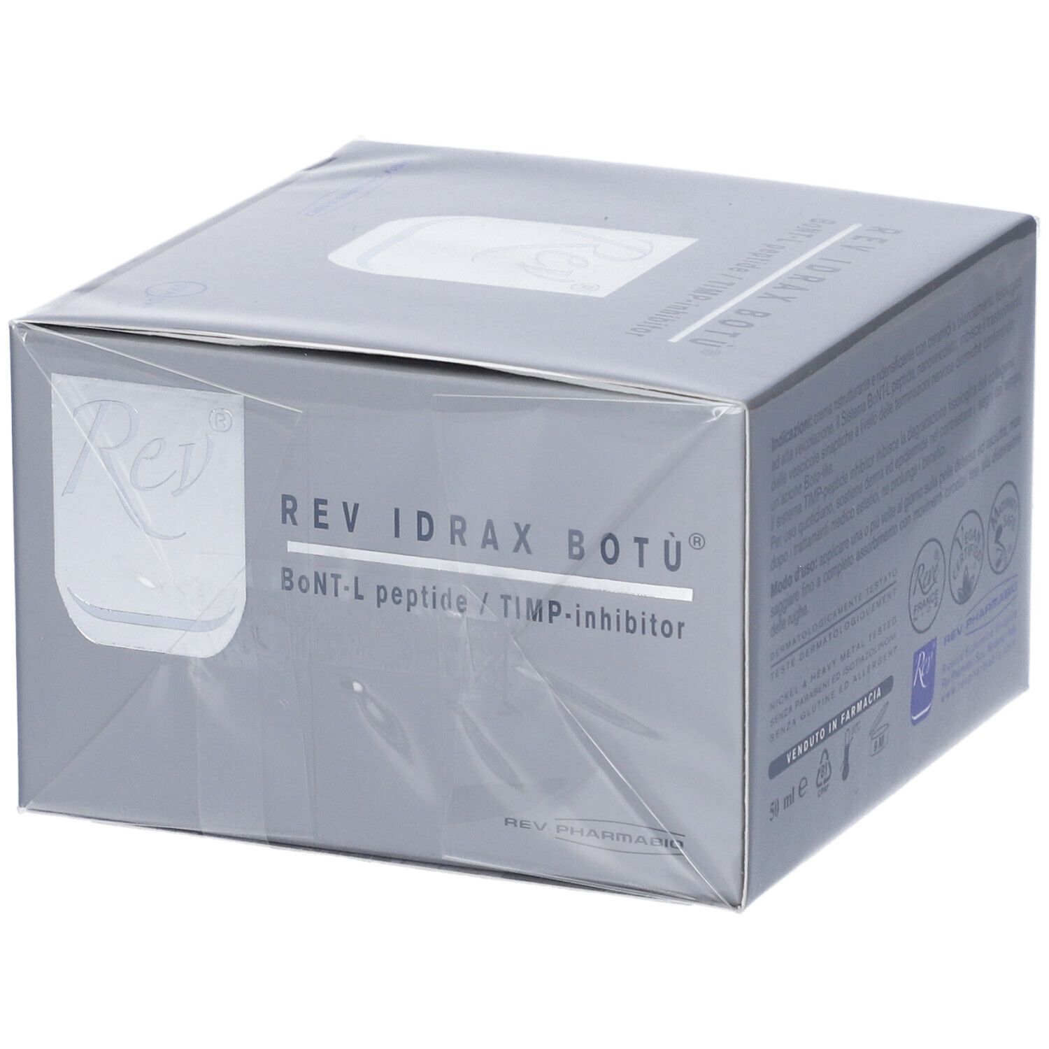 Graue Verpackung mit Produktnamen REV IDRAX BOTÙ. Text: BoNT-L peptide / TIMP-inhibitor. Logo Rev.