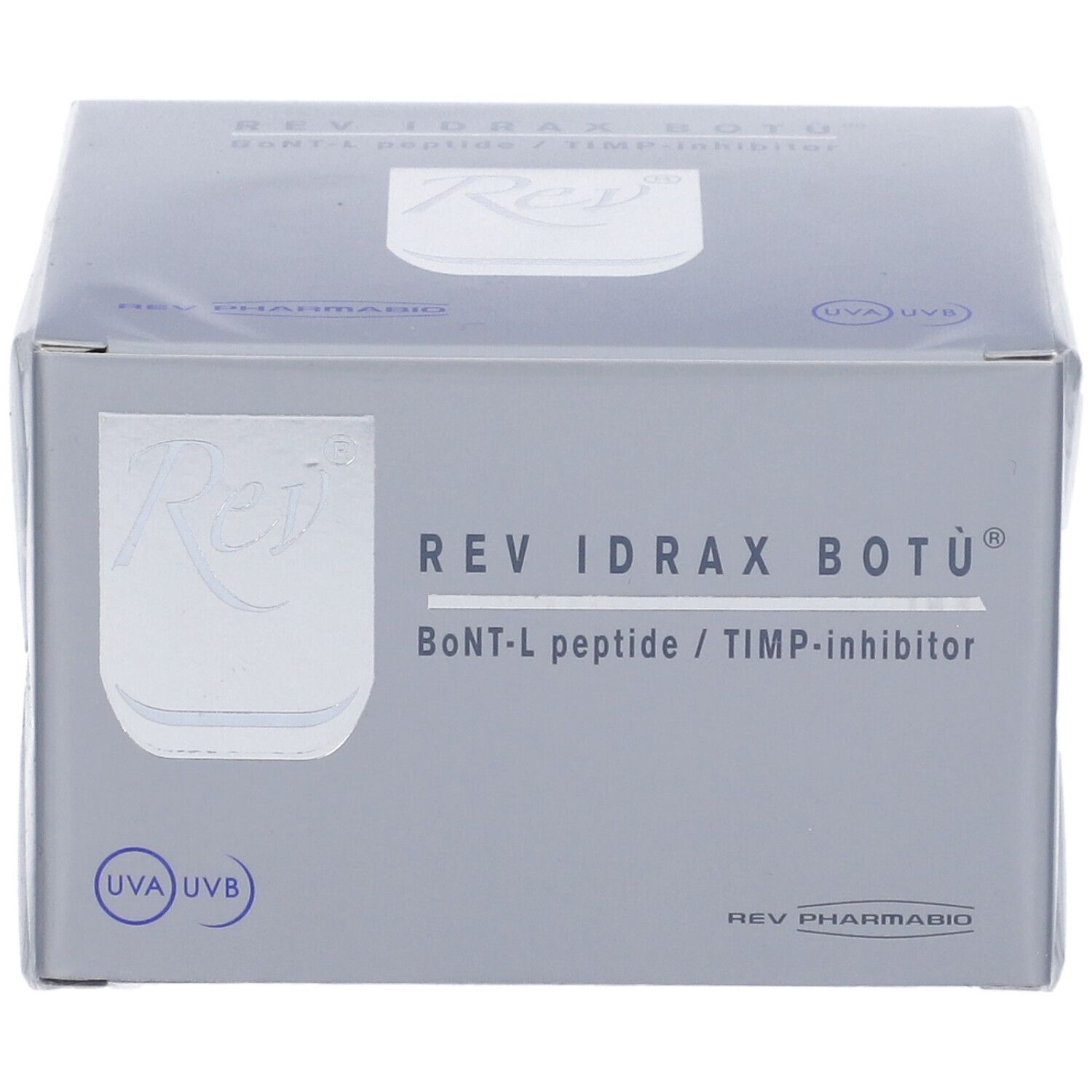 Graue Verpackung mit Produktnamen REV IDRAX BOTÙ. Text: BoNT-L peptide / TIMP-inhibitor. Logo Rev.
