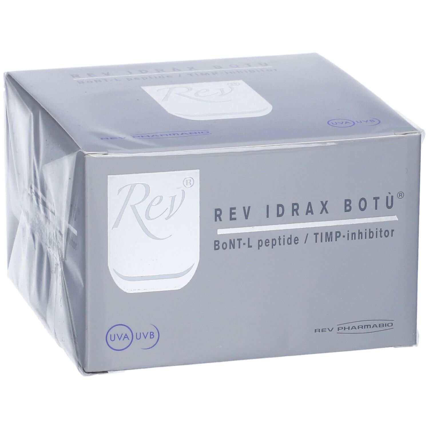 Graue Verpackung mit Produktnamen REV IDRAX BOTÙ. Text: BoNT-L peptide / TIMP-inhibitor. Logo Rev.