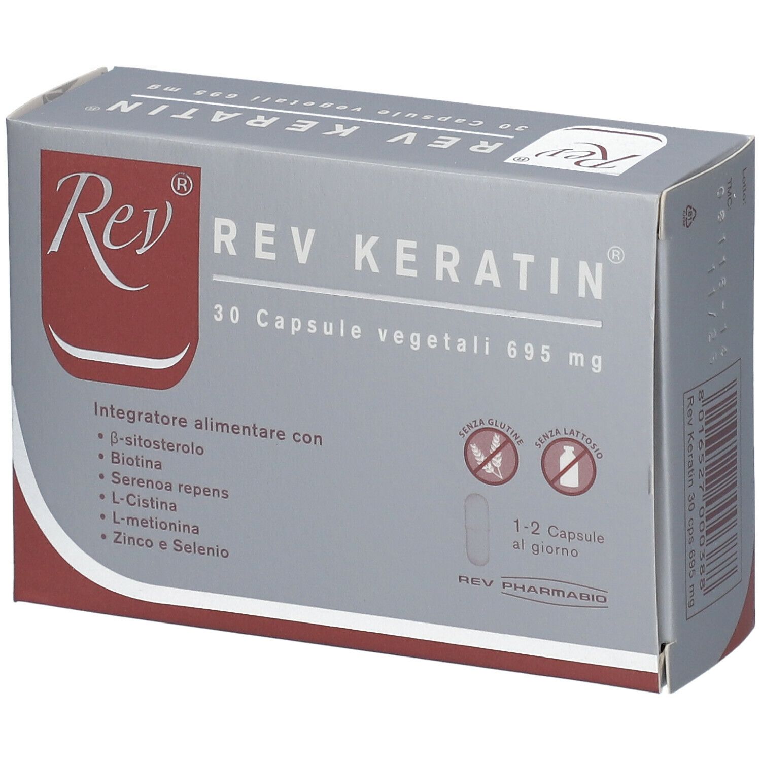 Scatola grigia REV KERATIN. Contiene 30 capsule vegetali. Ingredienti e loghi sul fronte.