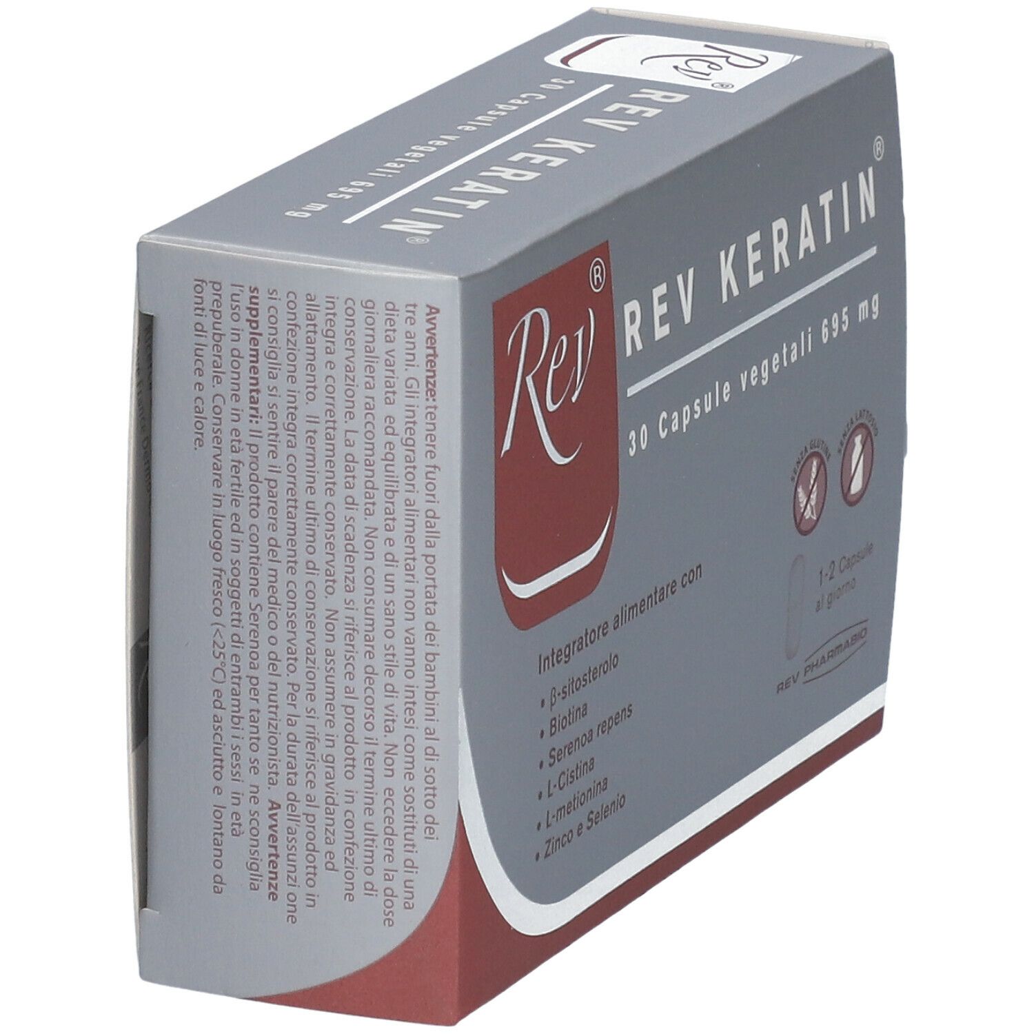 Scatola grigia REV KERATIN in diagonale. Contiene 30 capsule. Accenti rossi.
