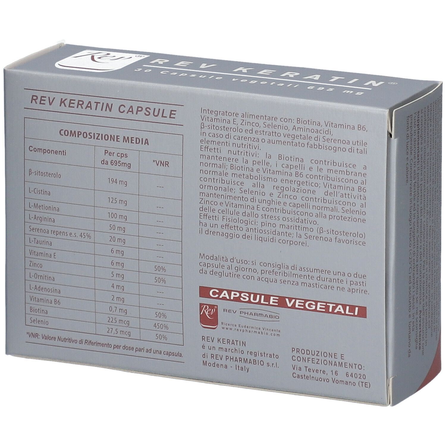 Retro della scatola grigia REV KERATIN. Contiene elenco ingredienti e informazioni sulle capsule.