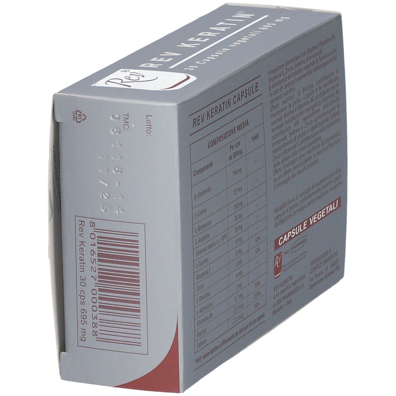 Scatola grigia REV KERATIN. Contiene elenco ingredienti e informazioni sulle capsule. Codice a barre.