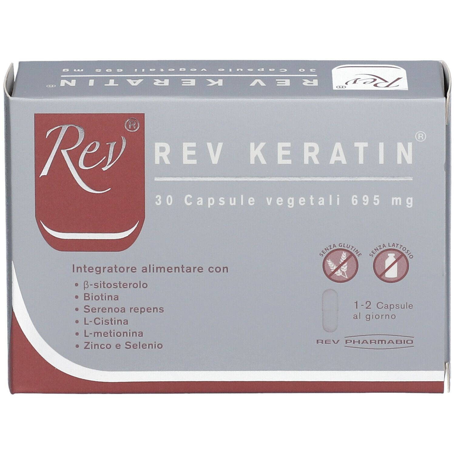 Scatola grigia REV KERATIN. Contiene 30 capsule. Ingredienti e loghi sul fronte.