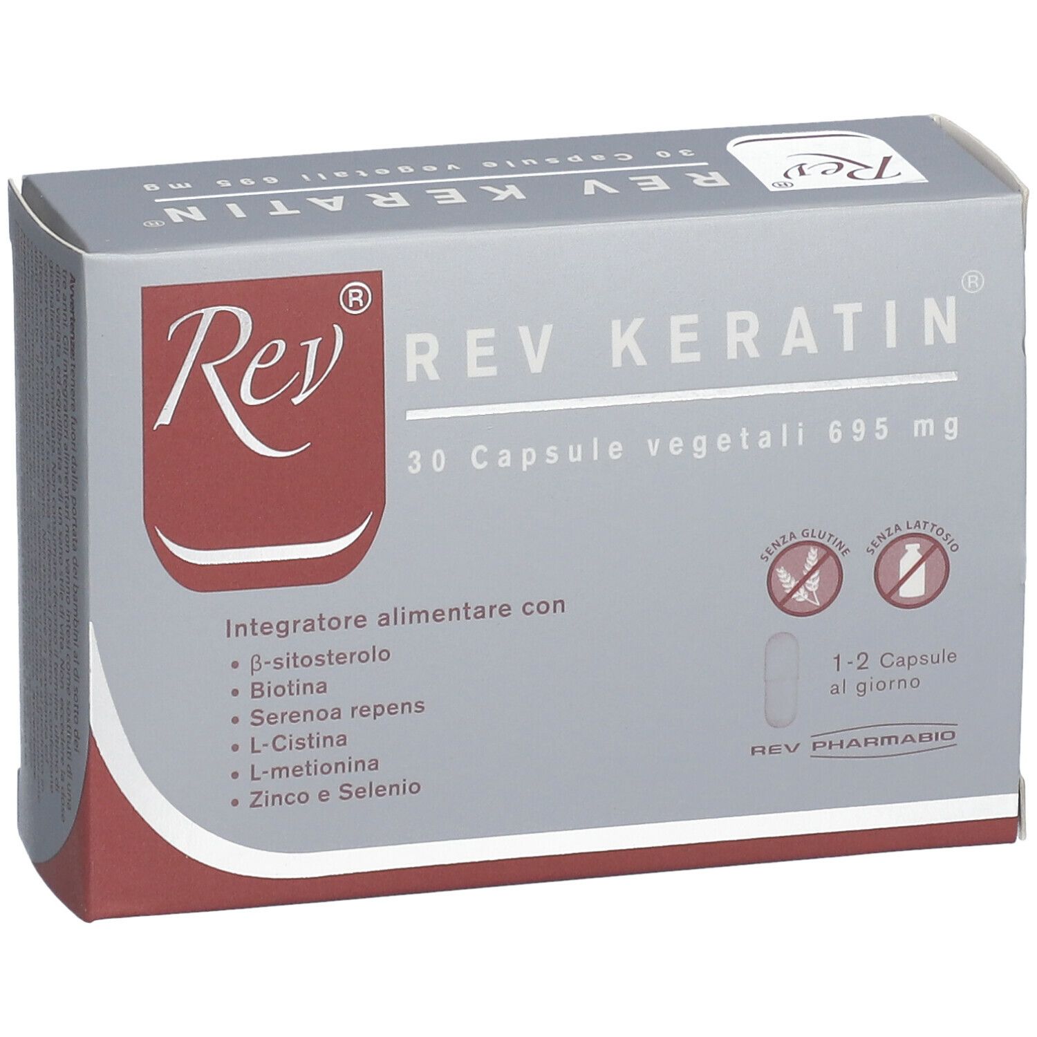 Scatola grigia REV KERATIN. Contiene 30 capsule. Ingredienti e loghi sul fronte.