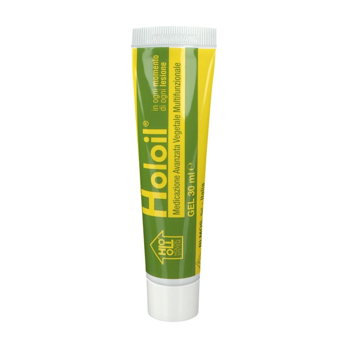 Tubo gel Holoil®, giallo-verde. 30 ml. Scritta: Med. Avanzata Vegetale. Tappo bianco.