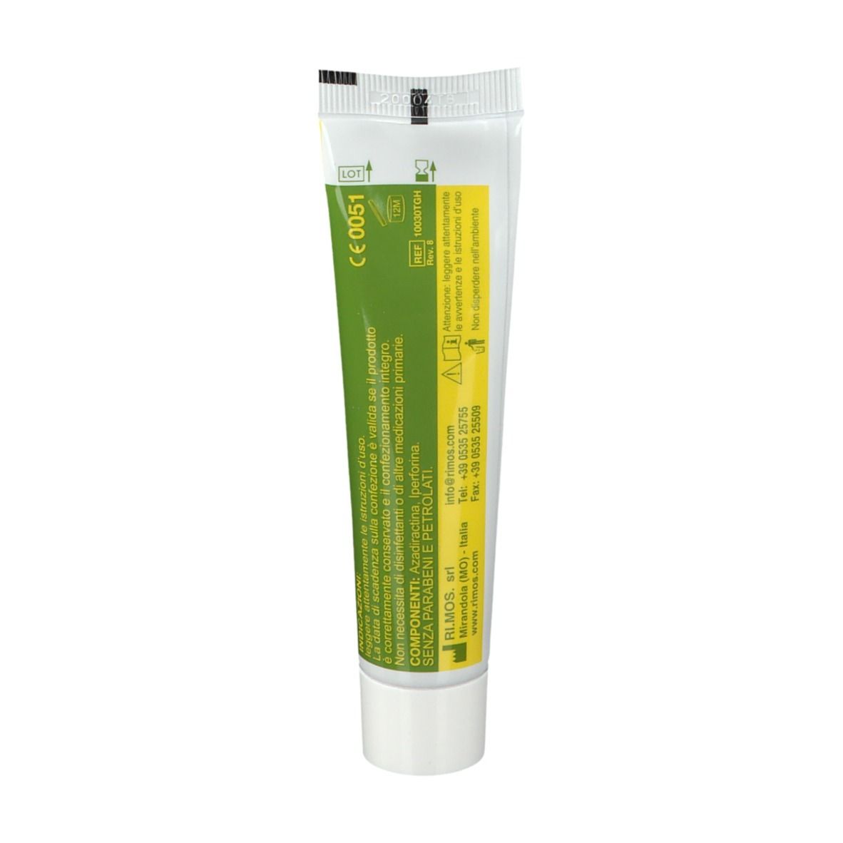 Retro del tubo gel Holoil®. Contiene informazioni e avvertenze. Sfondo bianco.