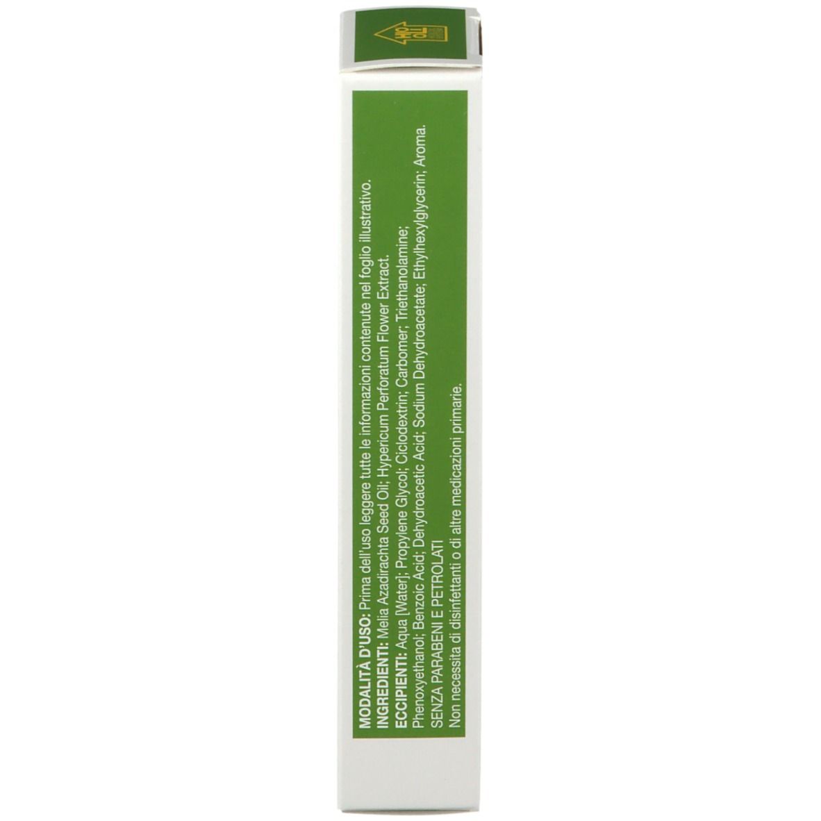 Retro della confezione Holoil®. Ingredienti e istruzioni per l'uso. Sfondo bianco.