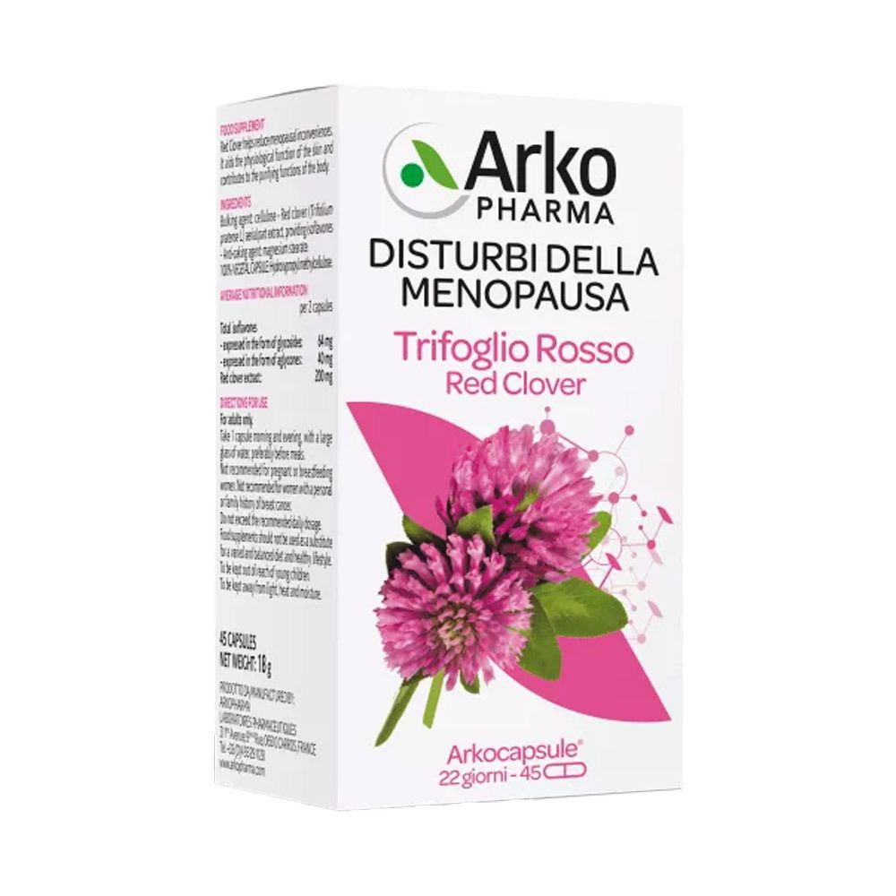 Schachtel mit Arkopharma Arkocapsule® Trifoglio Rosso. Aufdrucke: Distrubi della Menopausa, 45 Kapseln.