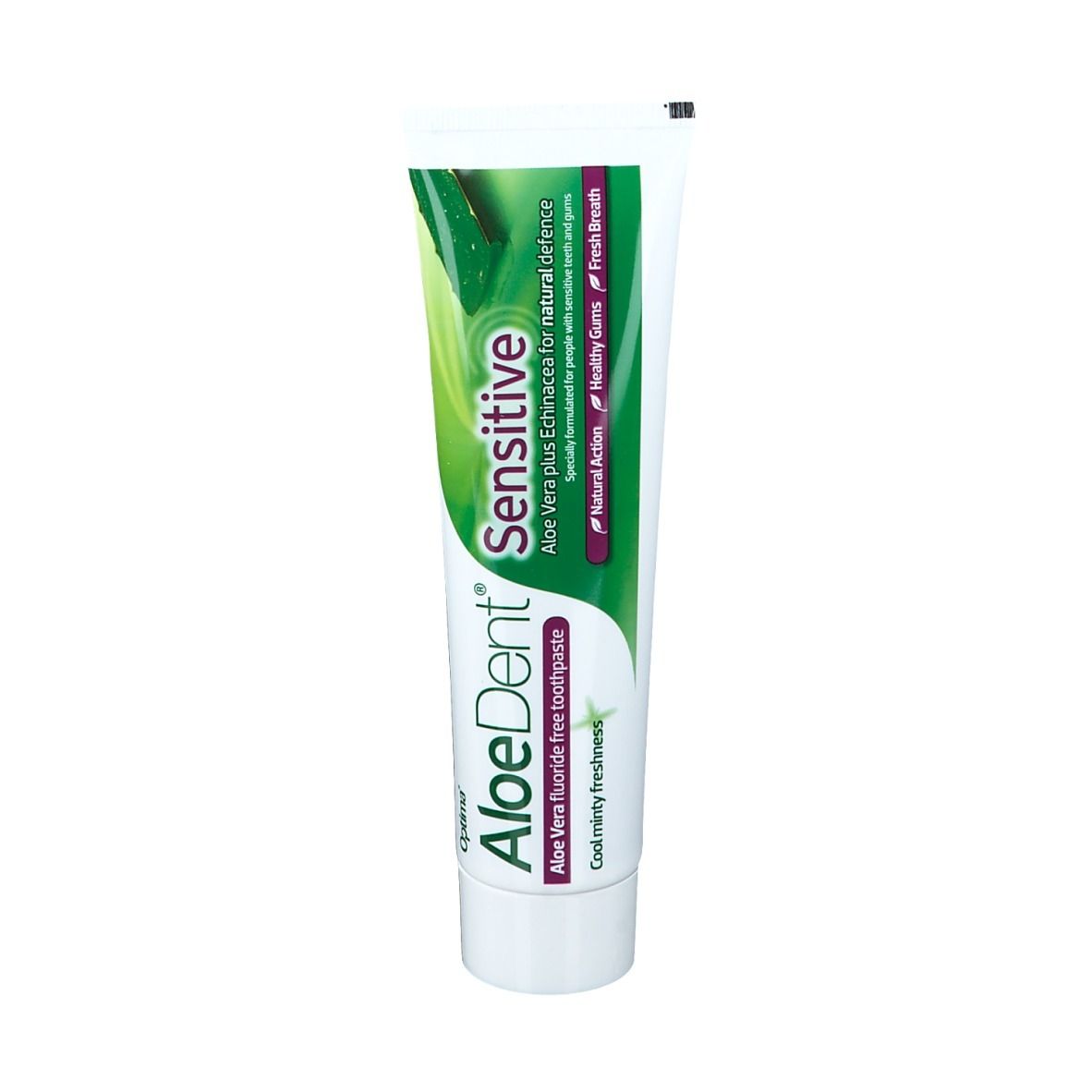 Zahnpasta-Tube Optima AloeDent Sensitiv. Weiß, grün und lila. Text: Aloe Vera, Sensitive, Cool Mint Frische.