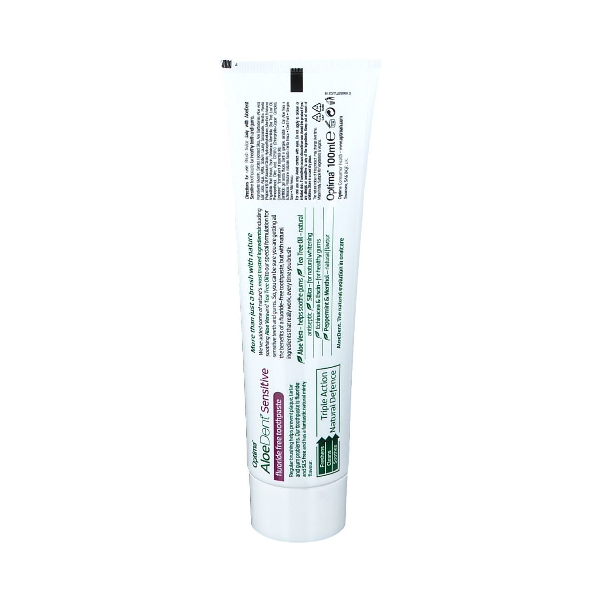 Rückseite der Optima AloeDent Sensitiv Zahnpasta-Tube. Text und Informationen in mehreren Sprachen.
