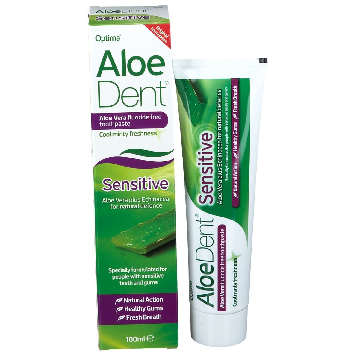 Optima AloeDent Sensitiv Zahnpasta und Verpackung. Grün, weiß und lila. Text: Aloe Vera, Sensitive, Cool Mint Frische.