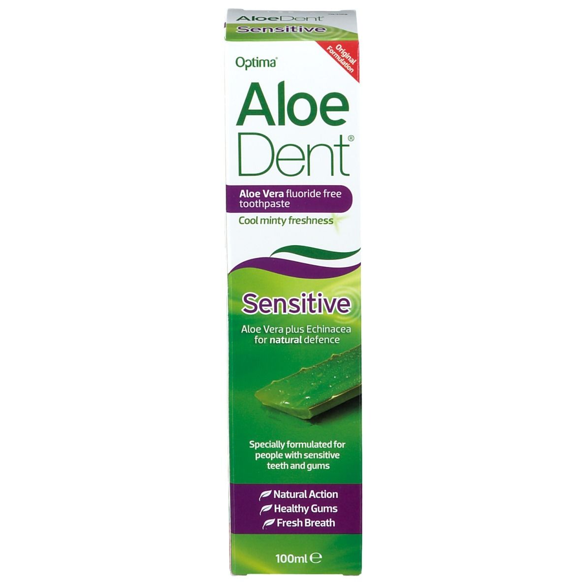 Optima AloeDent Sensitiv Zahnpasta-Verpackung. Grün, weiß und lila. Text: Aloe Vera, Sensitive, Cool Mint Frische.