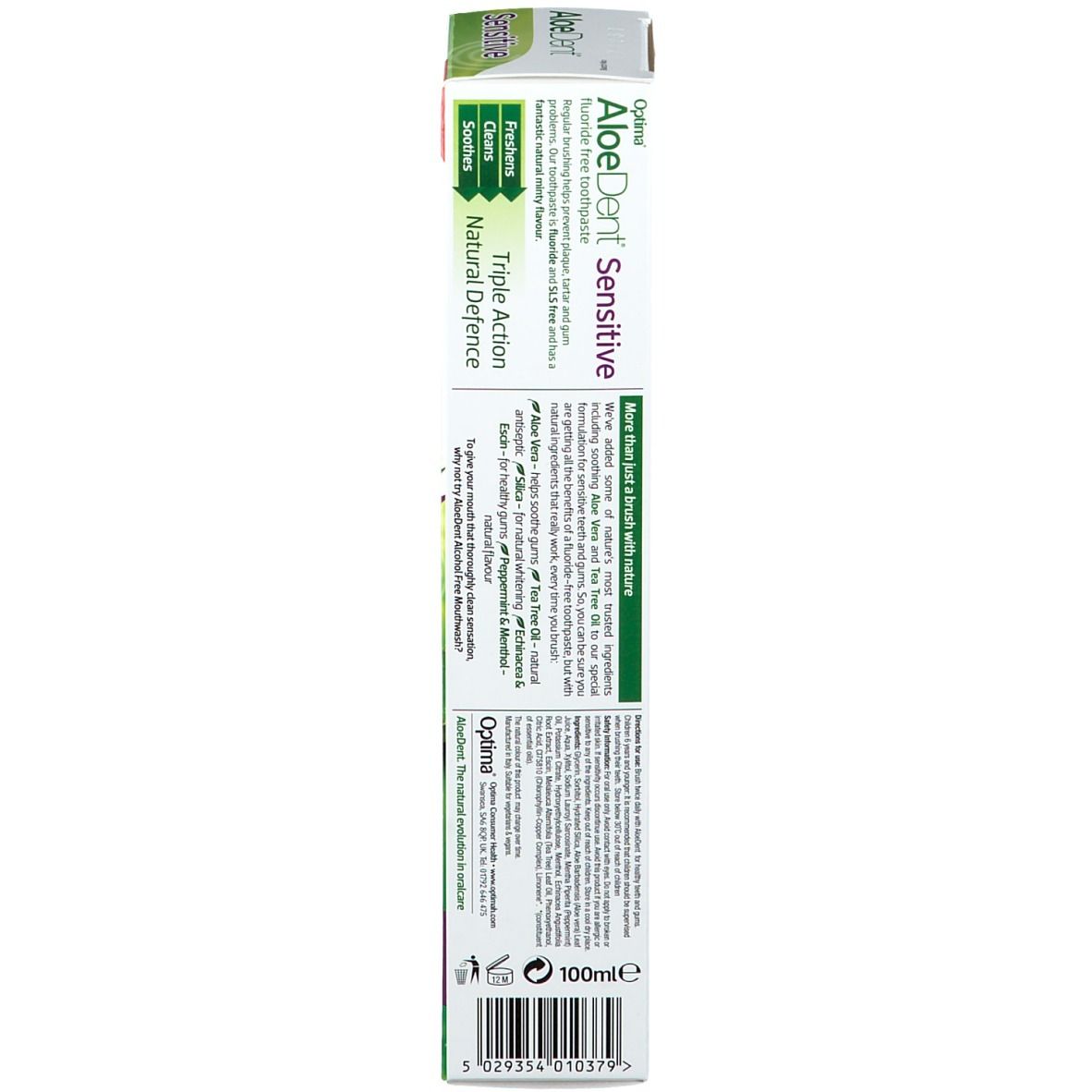 Rückseite der Optima AloeDent Sensitiv Zahnpasta-Verpackung. Text und Informationen in mehreren Sprachen.