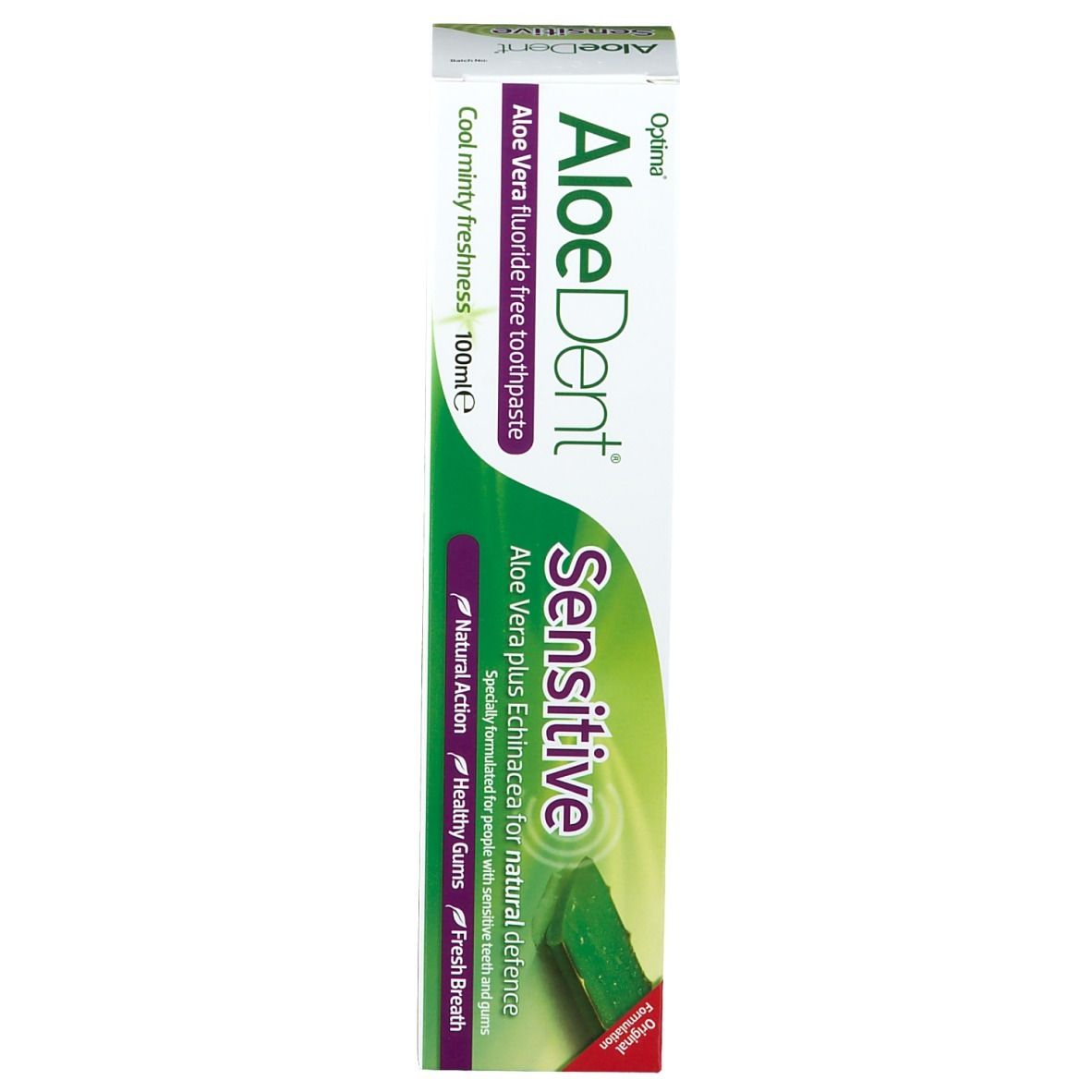 Optima AloeDent Sensitiv Zahnpasta-Verpackung. Grün, weiß und lila. Text: Aloe Vera, Sensitive, Cool Mint Frische.