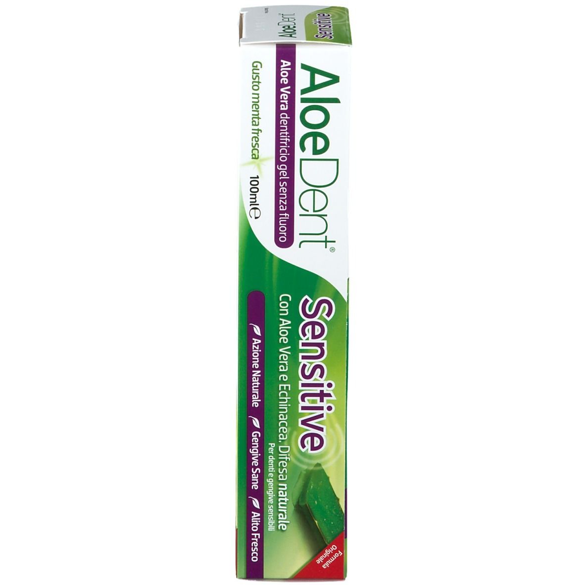 Optima AloeDent Sensitiv Zahnpasta-Verpackung. Grün, weiß und lila. Text: Aloe Vera, Sensitive, Cool Mint Frische.
