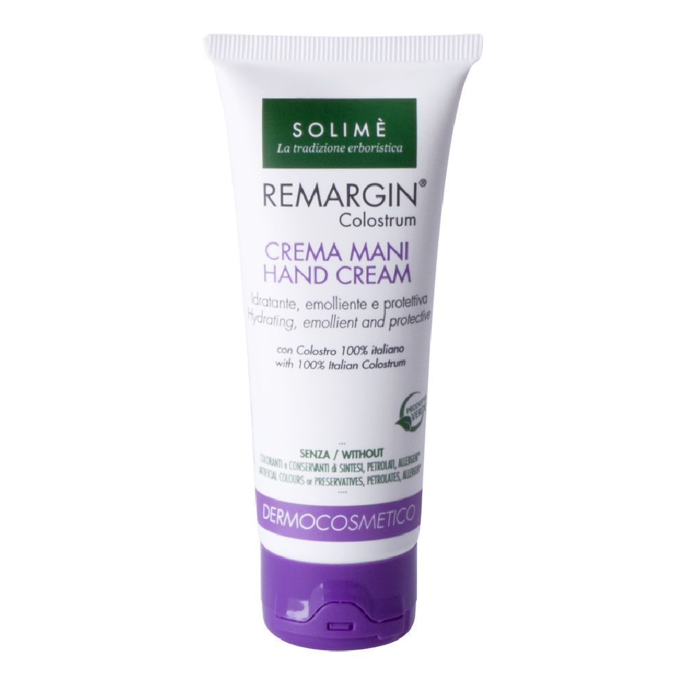 Tubo bianco-viola. Testo: REMARGIN, CREMA MANI, Hand Cream. Verde: SOLIMÈ. Con Colostro. Dermocosmetico.
