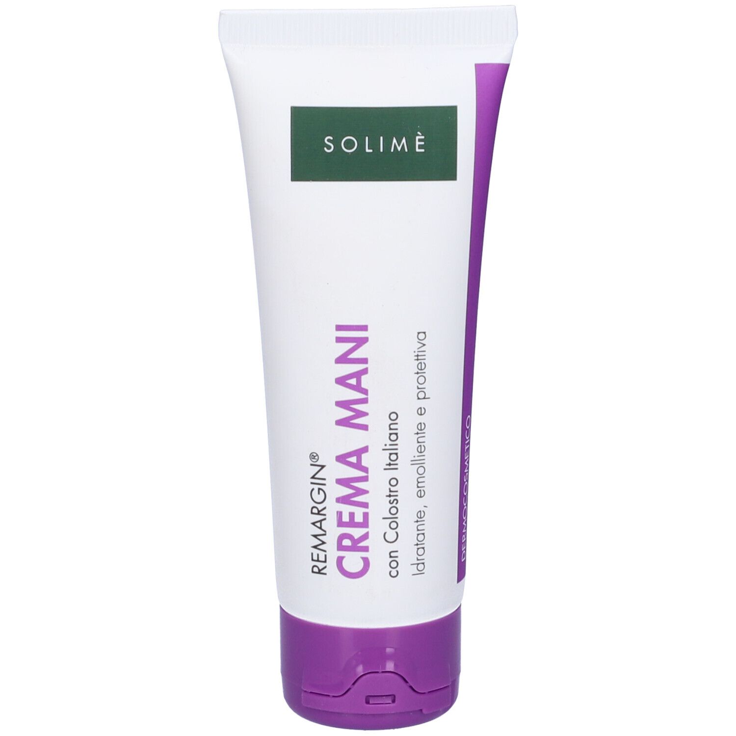 Tubo bianco-viola. Testo: REMARGIN, CREMA MANI. Verde: SOLIMÈ. Con Colostro italiano. Dermocosmetico.