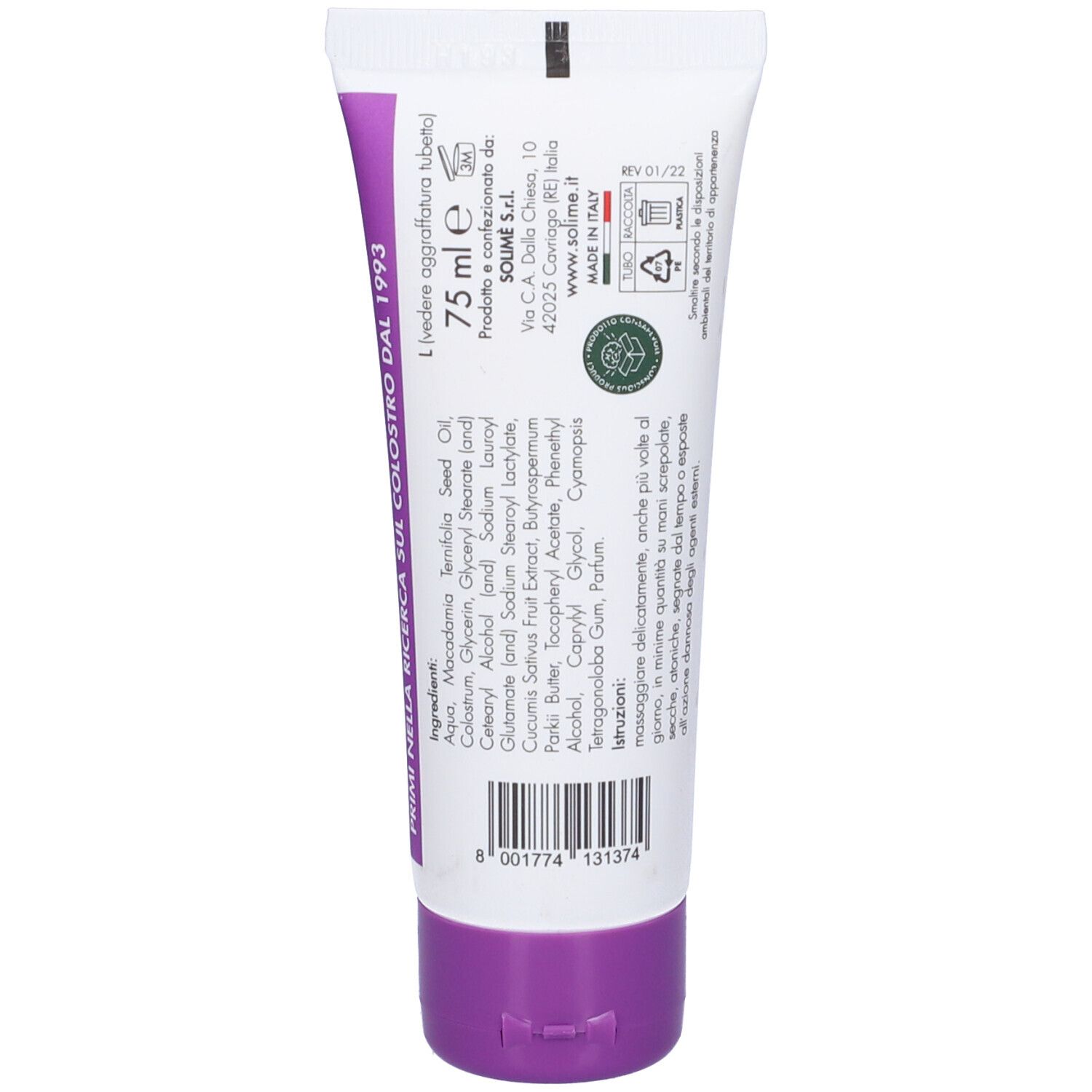 Retro di un tubo bianco. Testo: 75 ml, ingredienti, SOLIMÈ, Made in Italy. Chiusura viola.