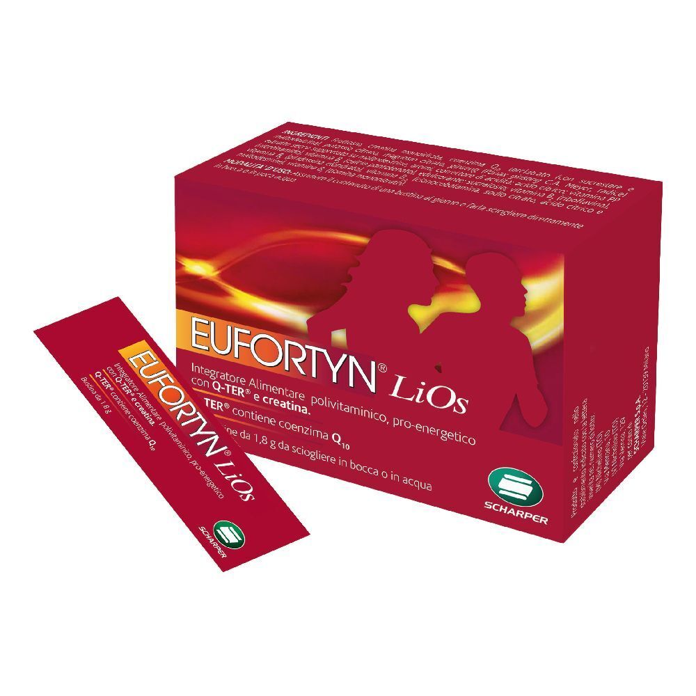 Scatola e bustina rosse Eufortyn LiOs. Contiene coenzima Q10 e creatina. Marchio Scharper.