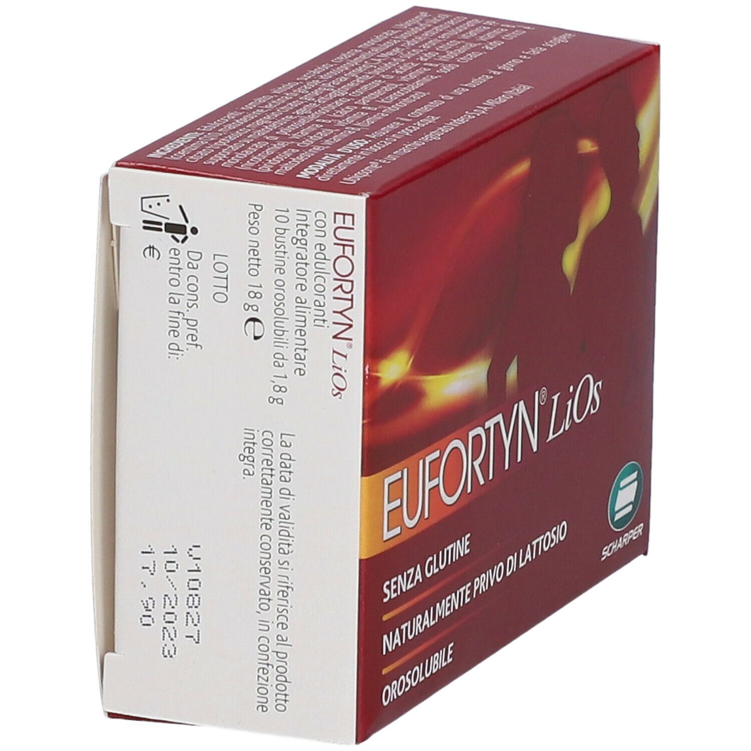 Scatola rossa Eufortyn LiOs, vista laterale. Contiene 10 bustine. Scadenza 10/2023. Marchio Scharper.