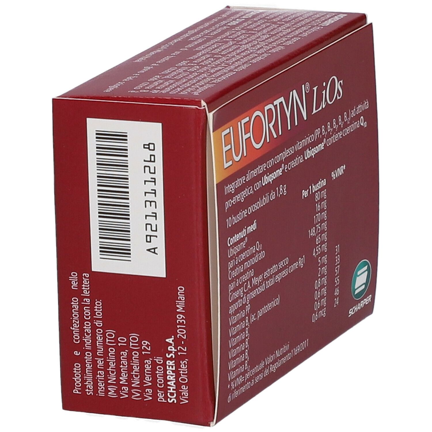 Scatola rossa Eufortyn LiOs, vista laterale. Contiene tabella nutrizionale. Marchio Scharper.