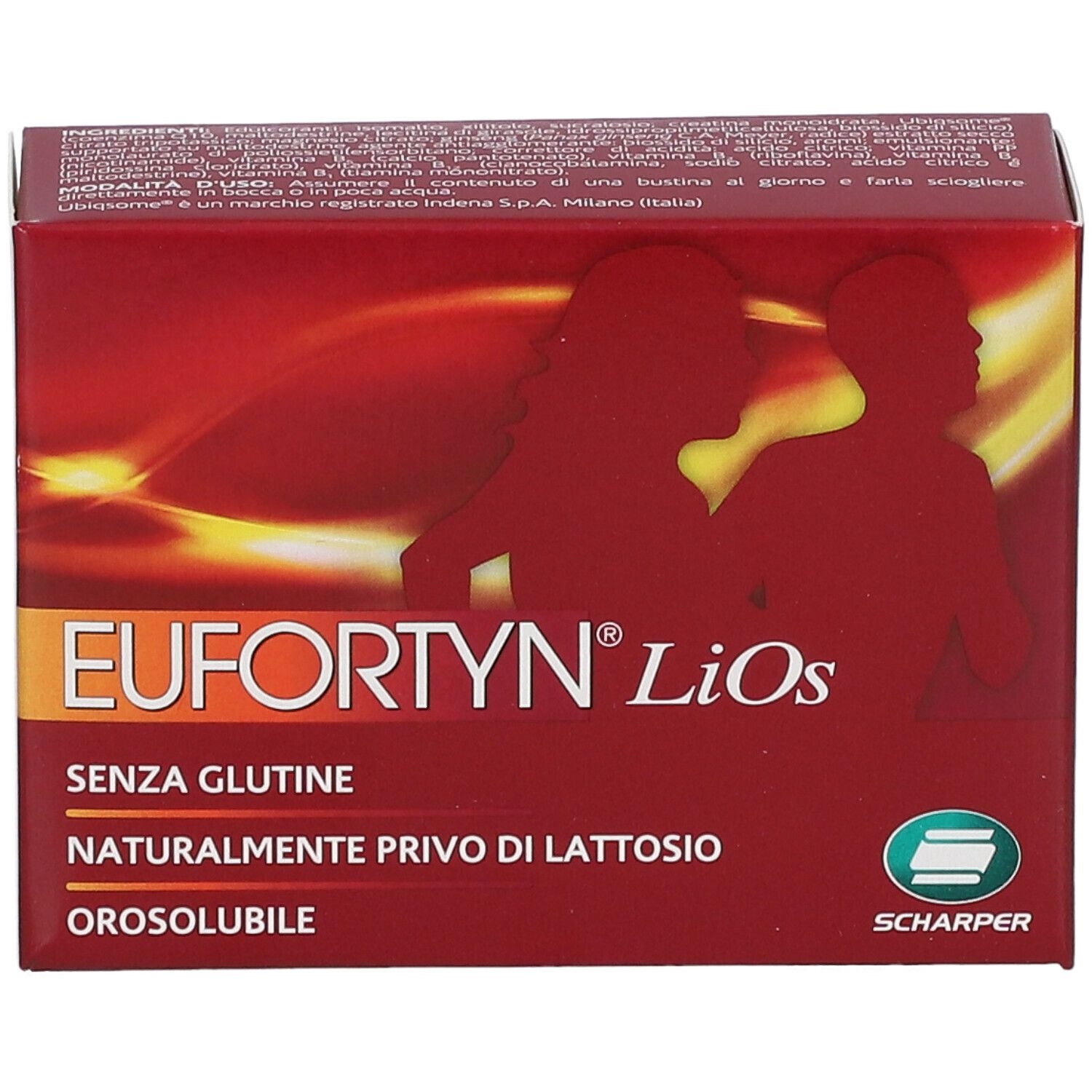 Scatola rossa Eufortyn LiOs. Senza glutine, naturalmente privo di lattosio, orosolubile. Marchio Scharper.