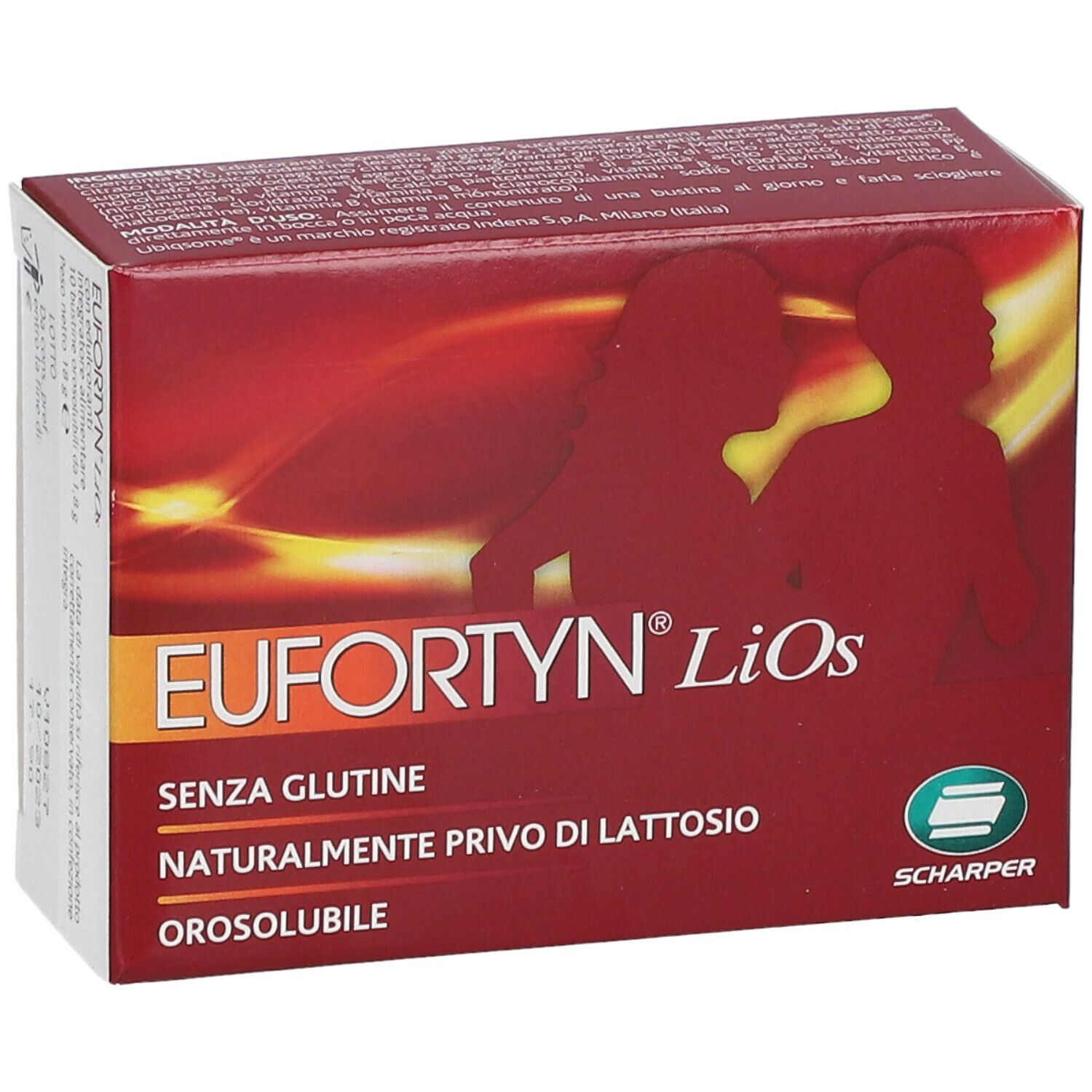Scatola rossa Eufortyn LiOs. Senza glutine, naturalmente privo di lattosio, orosolubile. Marchio Scharper.