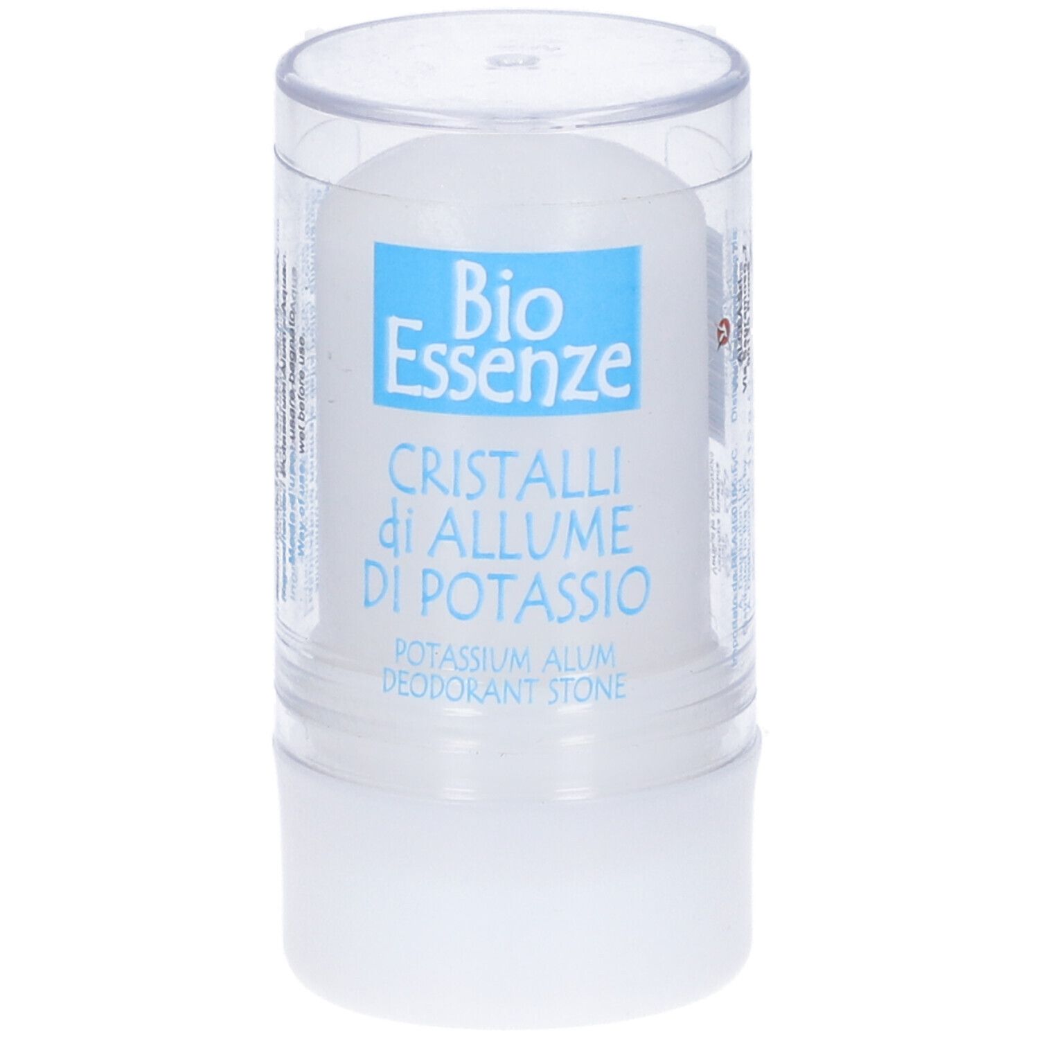 Prodotto cilindrico in contenitore trasparente. Scritta: Bio Essenze, Cristalli di Allume di Potassio.