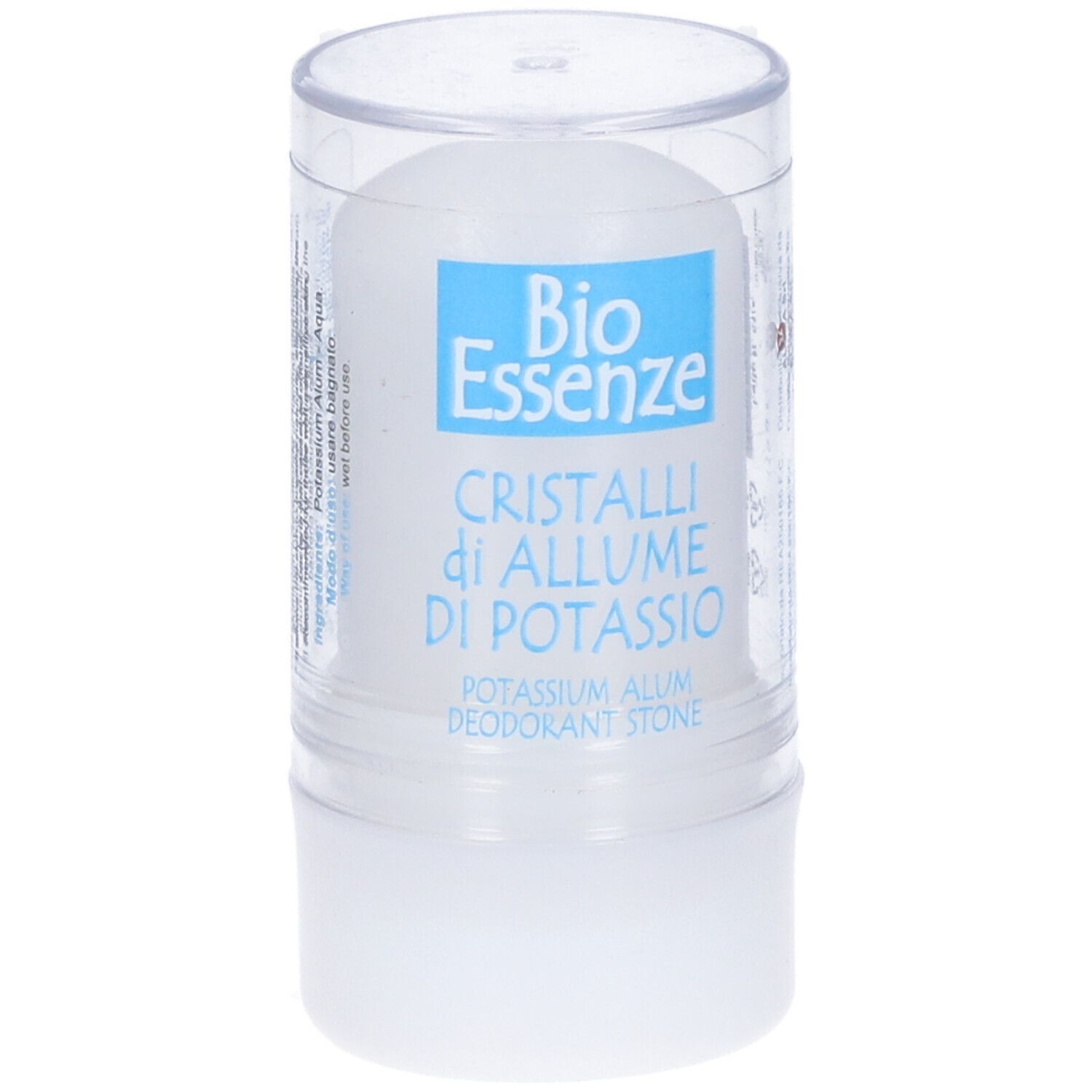 Prodotto cilindrico in contenitore trasparente. Visibile: prodotto bianco. Scritta.