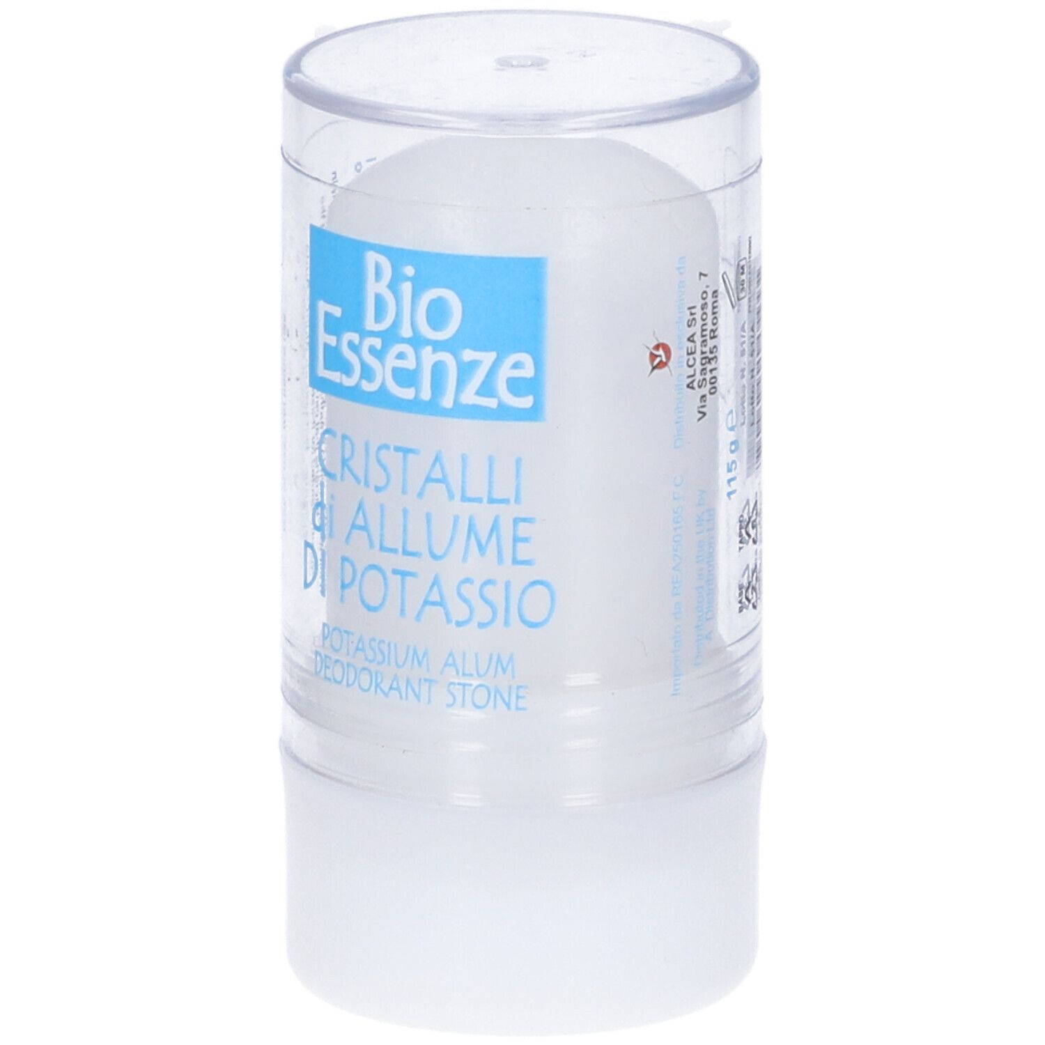 Prodotto cilindrico in contenitore trasparente. Scritta: Bio Essenze, Cristalli di Allume di Potassio.