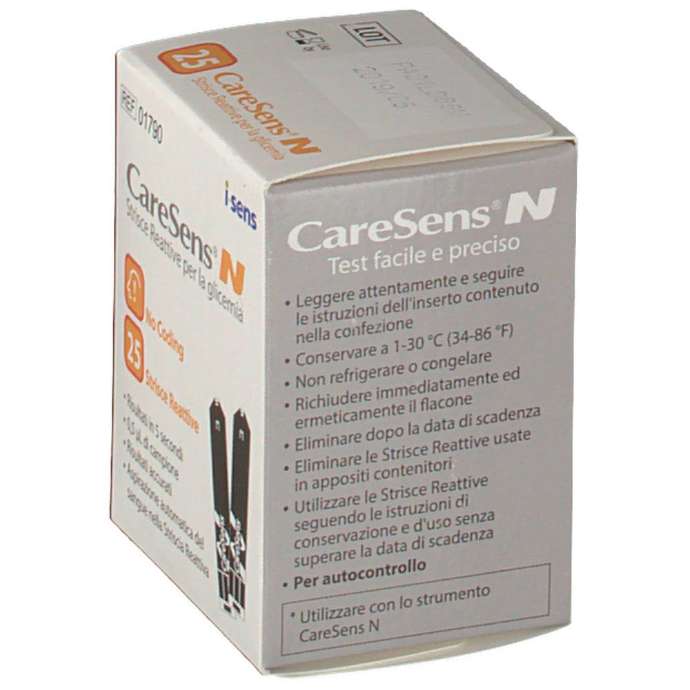 Scatola di strisce reattive CareSens N. Scritta: 25 strisce, No Coding. Contiene strisce per il test della glicemia.