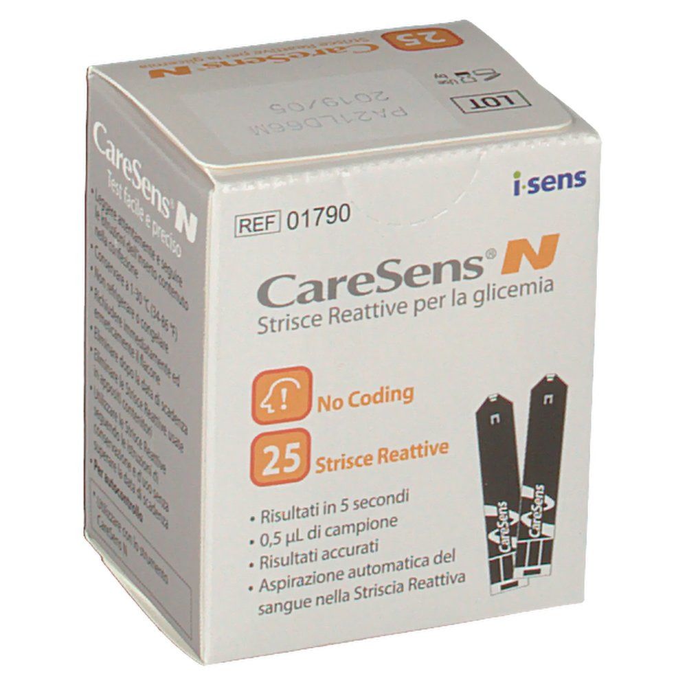 Scatola di strisce reattive CareSens N. Scritta: 25 strisce, No Coding. Contiene strisce per il test della glicemia.