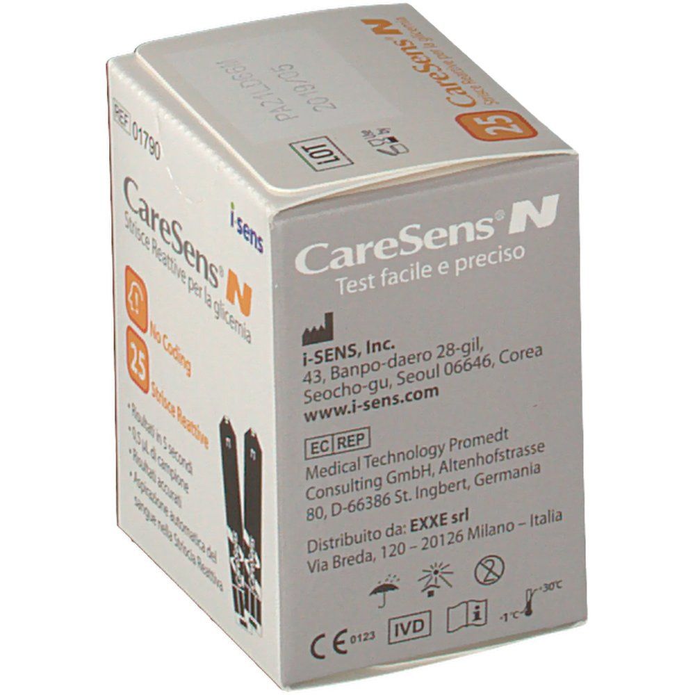 Scatola di strisce reattive CareSens N. Scritta: 25 strisce, No Coding. Contiene strisce per il test della glicemia. Con marchio CE.