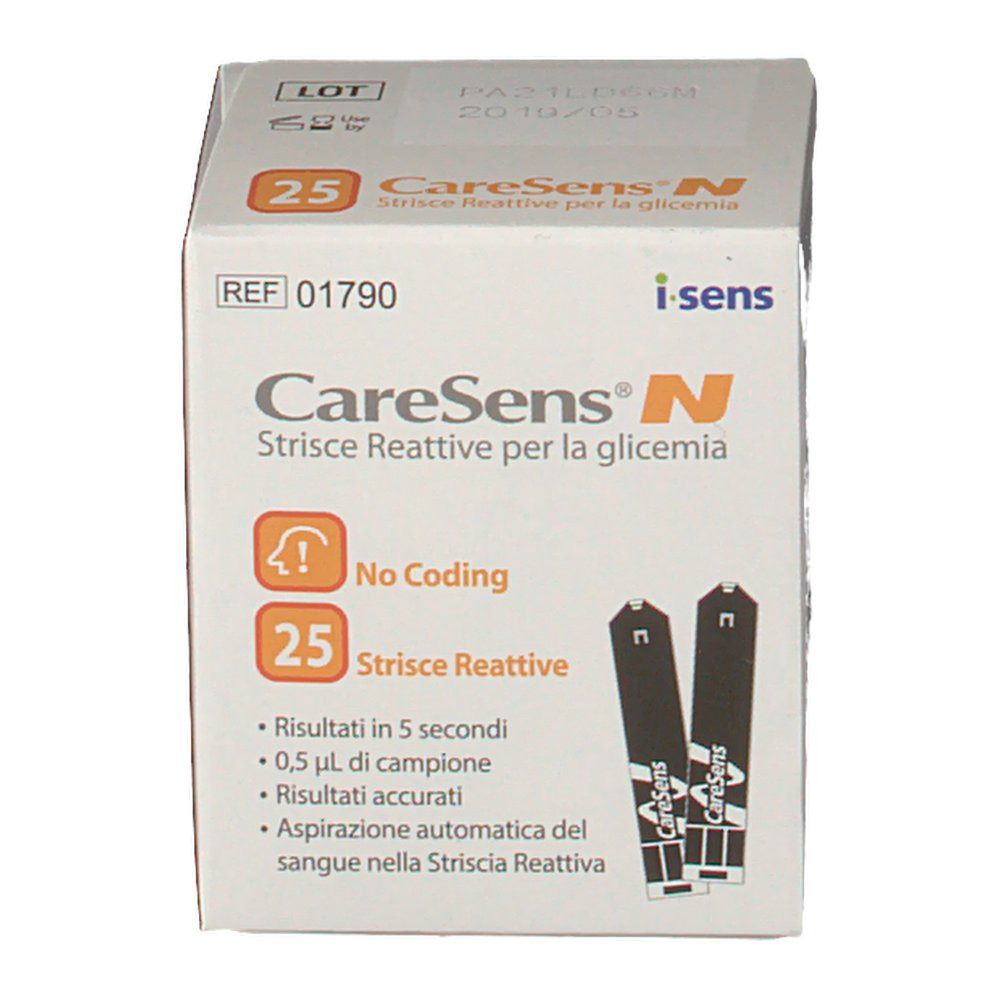Scatola di strisce reattive CareSens N. Scritta: 25 strisce, No Coding. Contiene strisce per il test della glicemia.