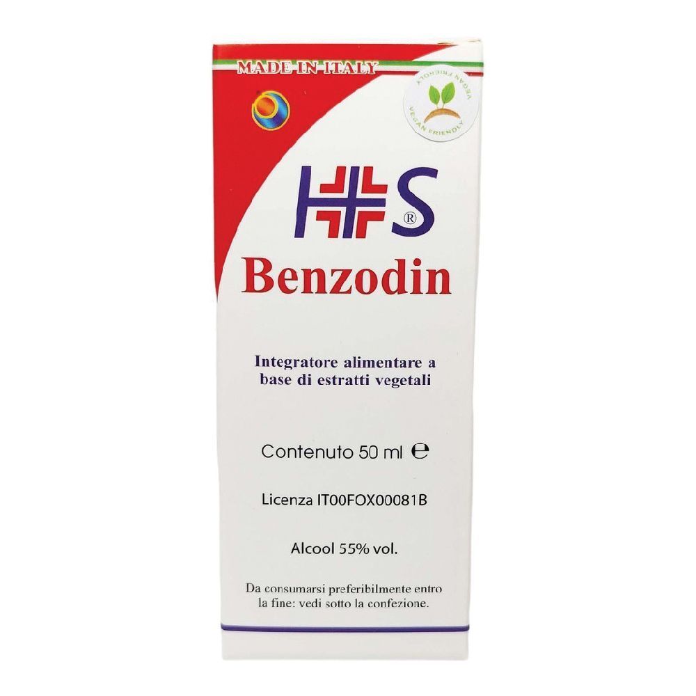 Confezione di Benzodin. Bianca, rossa e verde. Testo: Benzodin, Integratore alimentare, 50 ml, Alcool 55% vol.