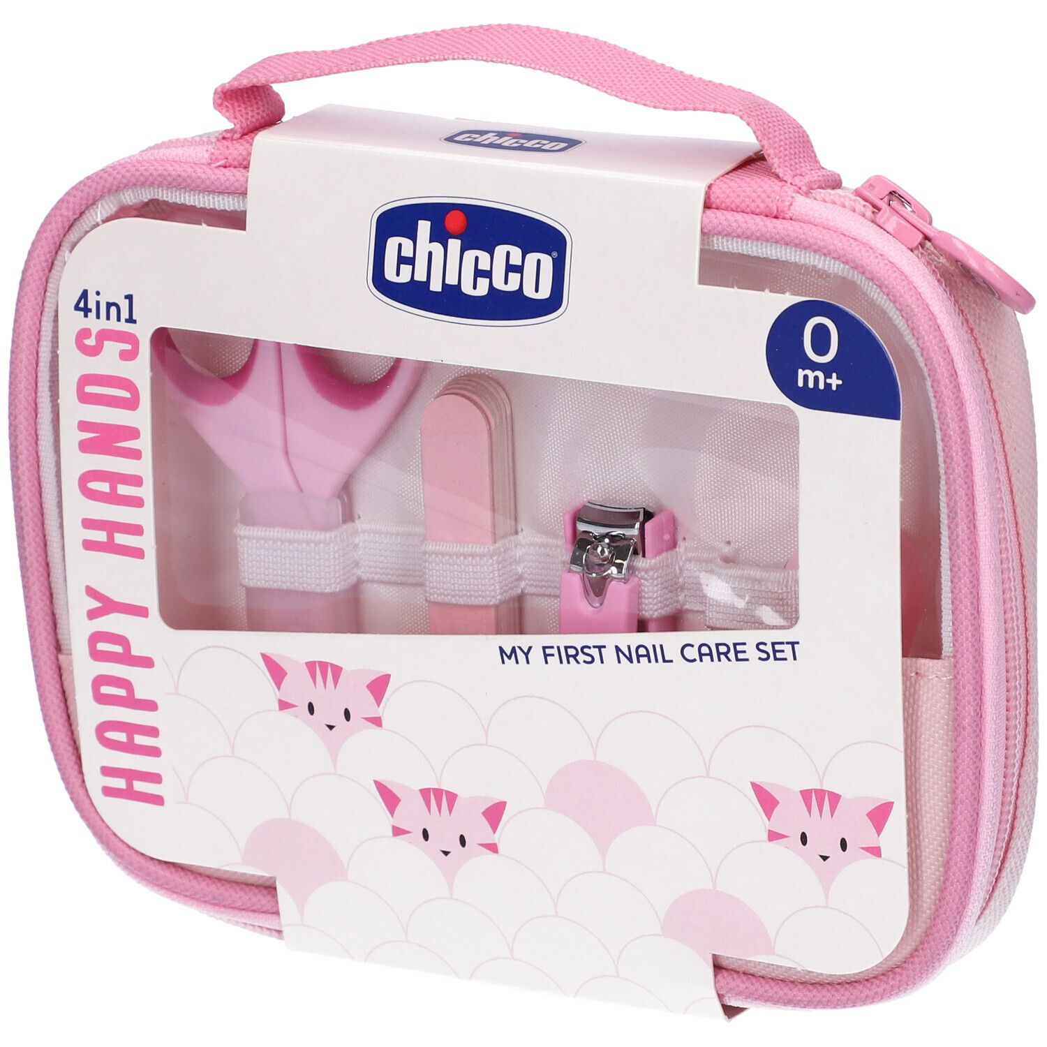 Set per unghie rosa-lilla in custodia. Include forbici, lima, tagliaunghie e accessori. Marchio: Chicco. Da 0 mesi.