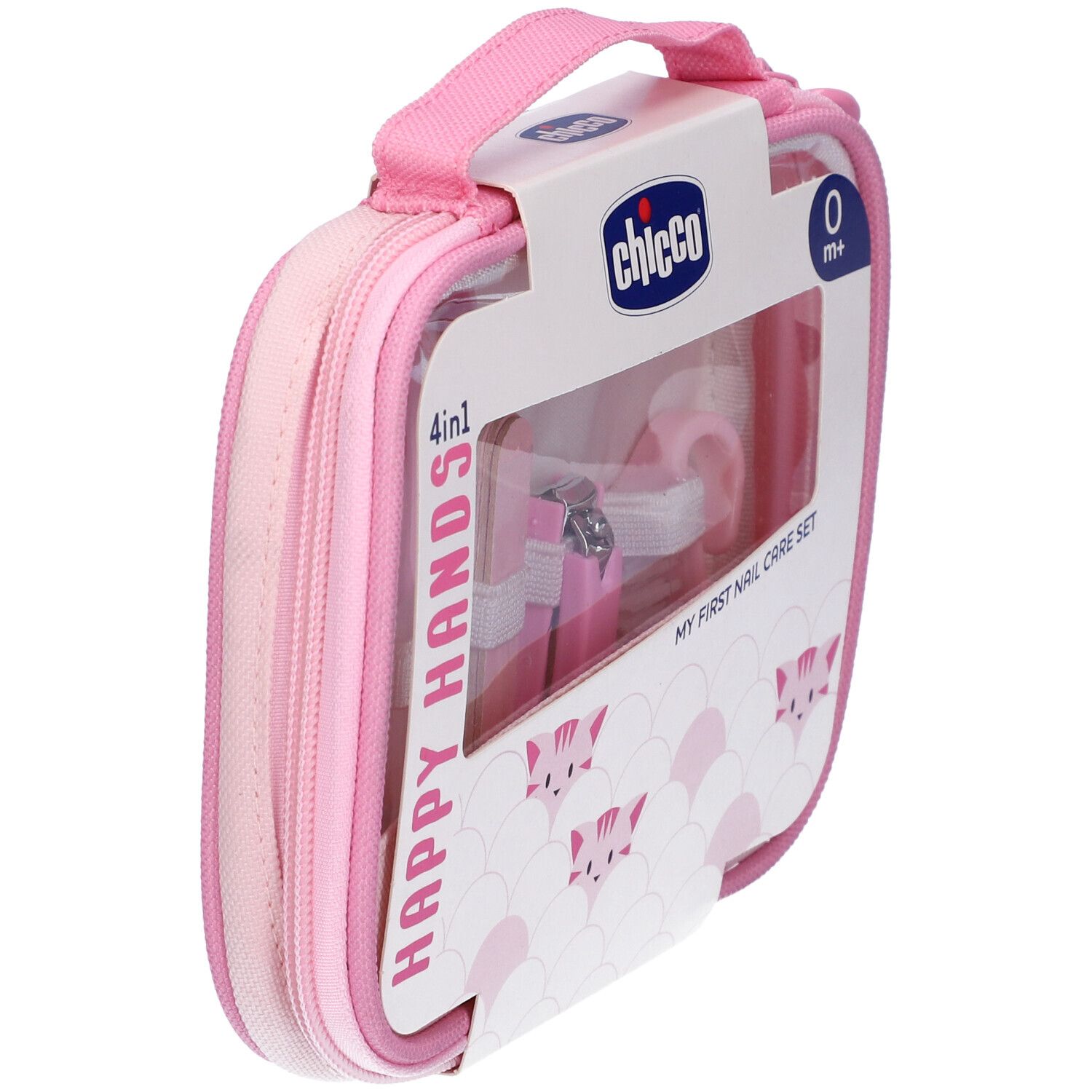 Set per unghie rosa-lilla in custodia. Include forbici, lima, tagliaunghie e accessori. Marchio: Chicco. Da 0 mesi.