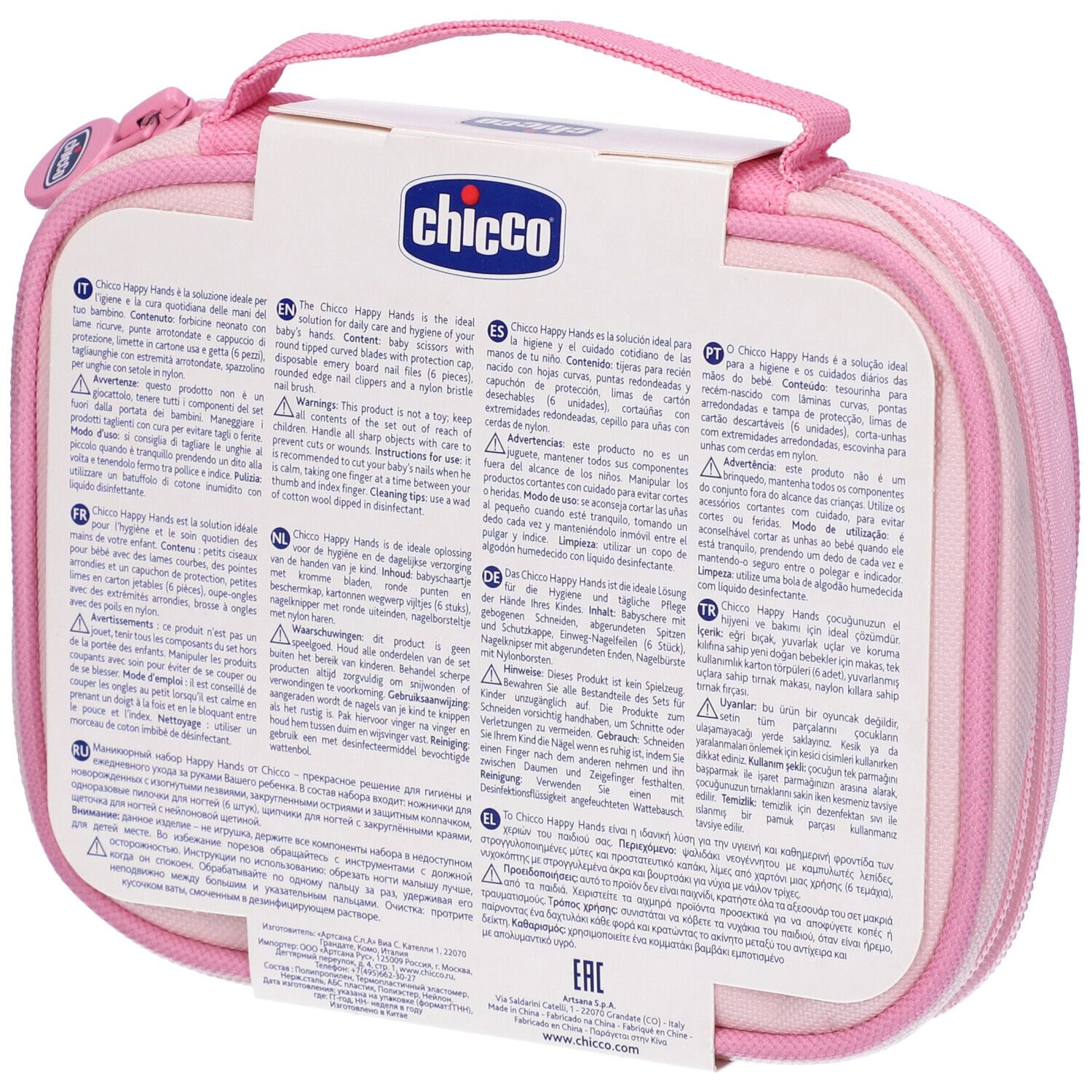 Custodia rosa-lilla con testo. Contiene informazioni sugli ingredienti e avvertenze. Marchio: Chicco. Multilingue.