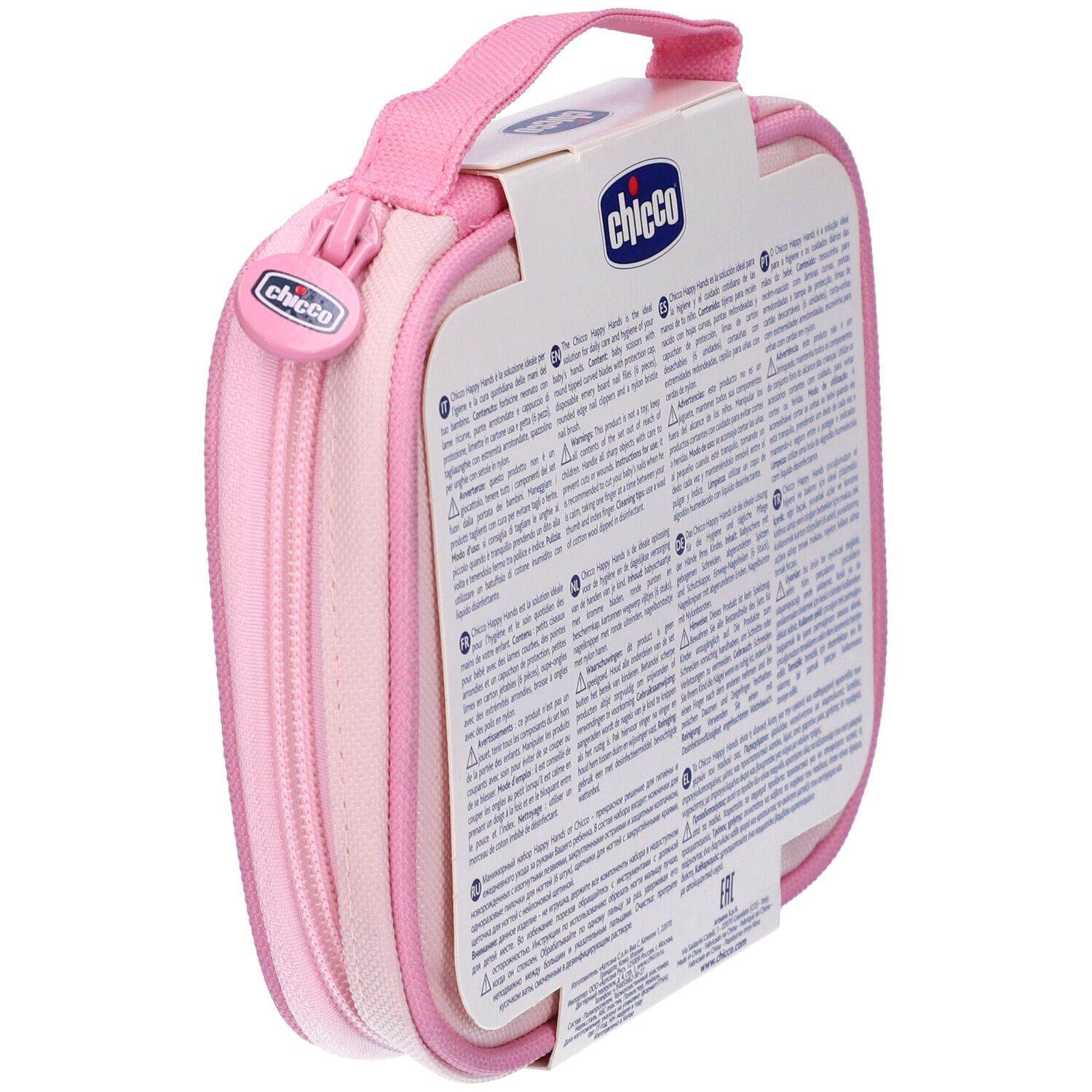 Custodia rosa-lilla con cerniera e testo. Contiene informazioni sugli ingredienti e avvertenze. Marchio: Chicco.