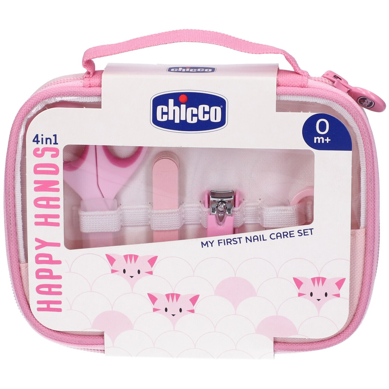 Set per unghie rosa-lilla in custodia. Include forbici, lima, tagliaunghie e accessori. Marchio: Chicco. Da 0 mesi.