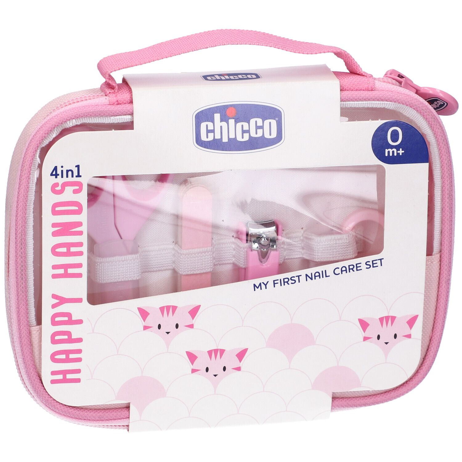 Set per unghie rosa-lilla in custodia. Include forbici, lima, tagliaunghie e accessori. Marchio: Chicco. Da 0 mesi.