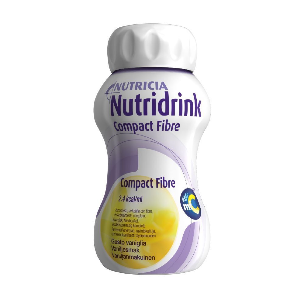 Bottiglia Nutridrink Compact Fibre. Bottiglia bianca con tappo bianco. Scritta ed etichetta gialla.
