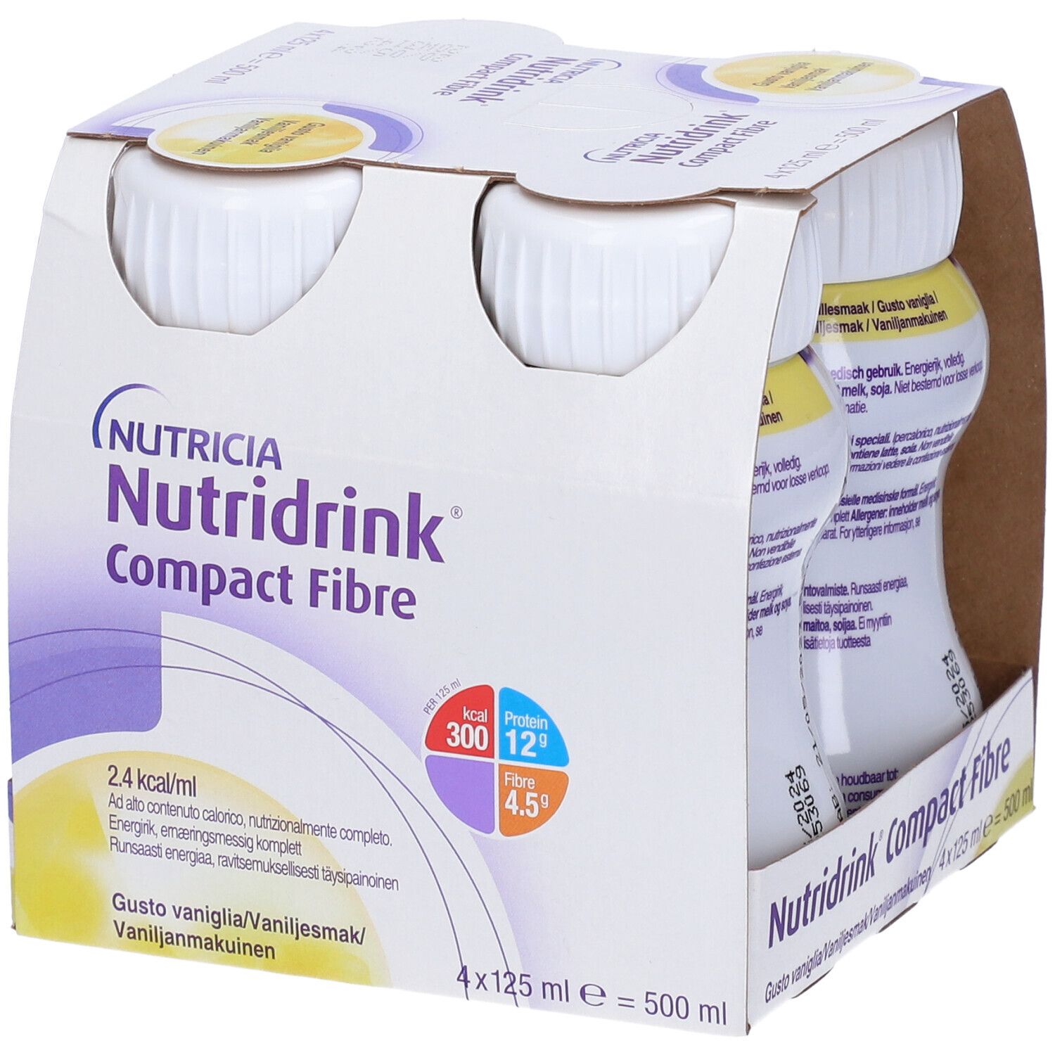 Confezione da quattro bottiglie Nutridrink Compact Fibre. Bottiglie bianche in confezione di cartone. Stampa con informazioni nutrizionali.
